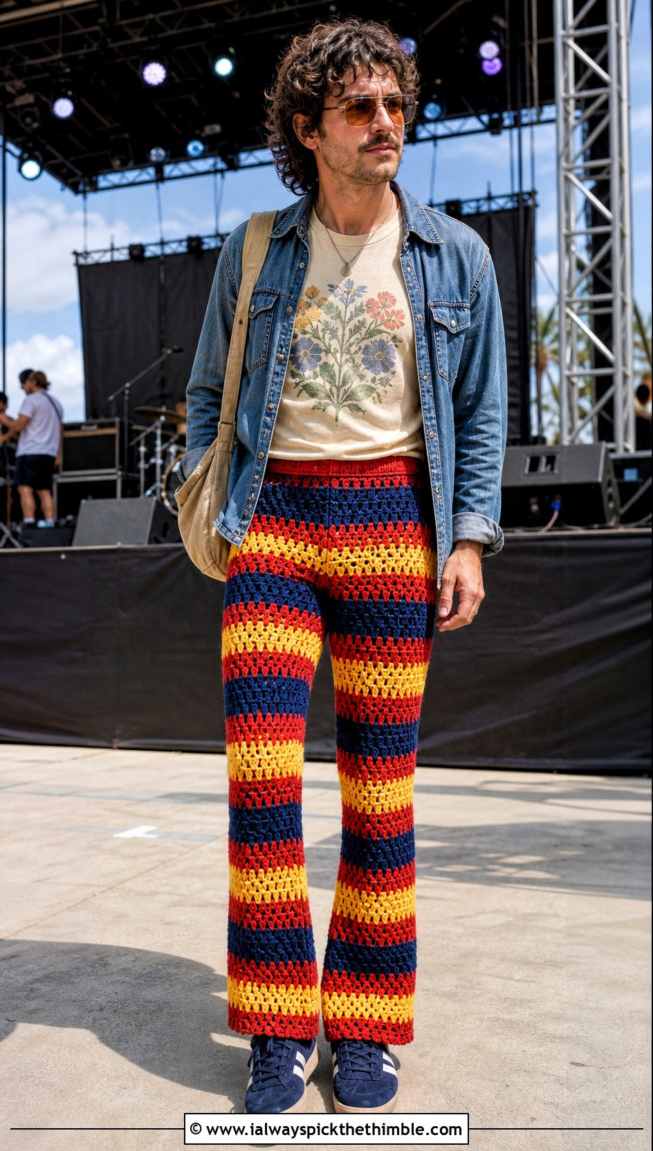 Granny Stripe Flared Crochet Pants With Graphic T Shirt - 20 mens crochet pants outfit ideas