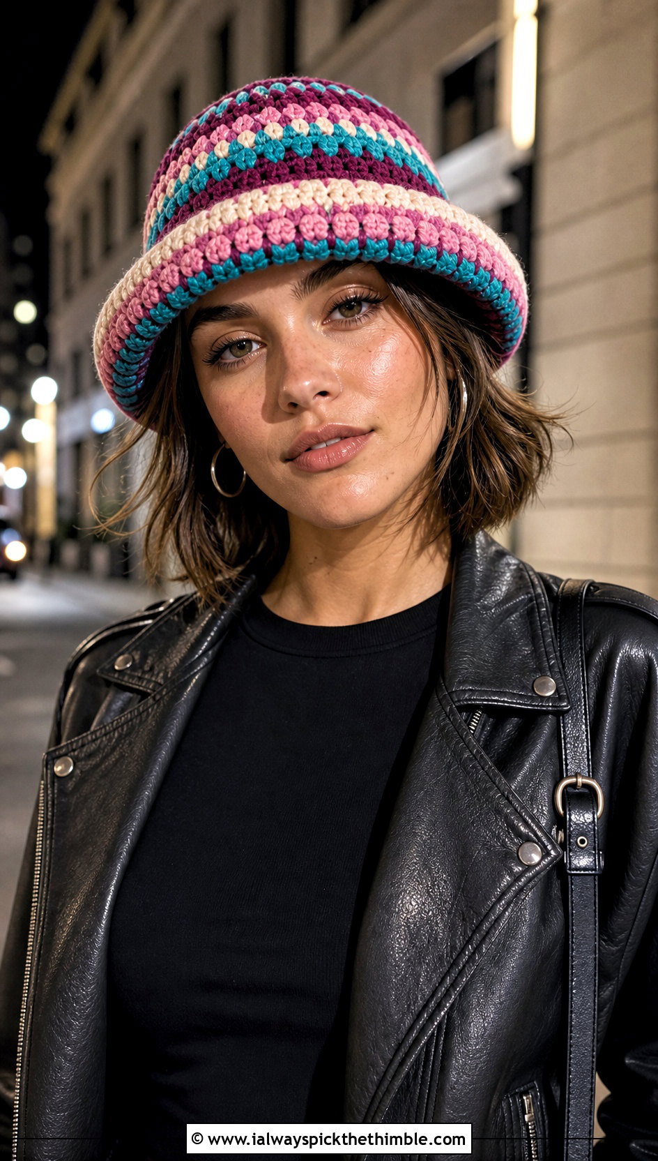Granny Stripe Fold Up Brim Crochet Hat With Leather Jacket - 15 Crochet Hat With Fold Up Brim outfit ideas