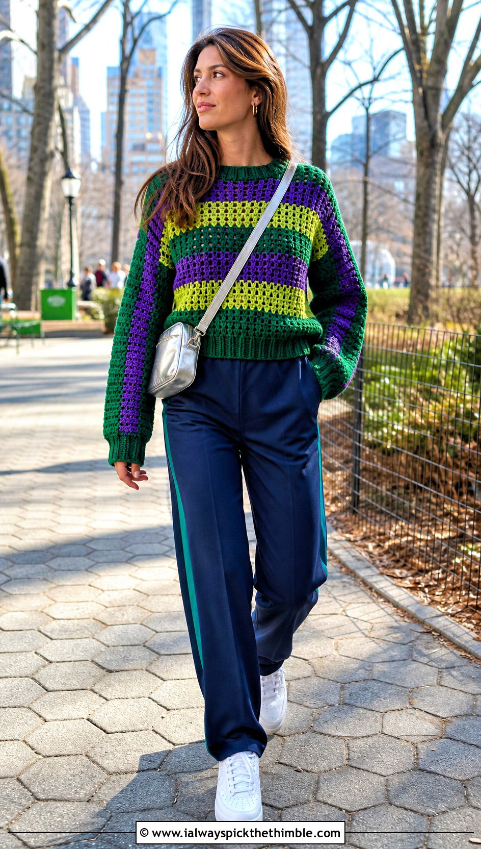 Granny Stripe Green Crochet Sweater With Track Pants - 25 green crochet sweater outfit ideas