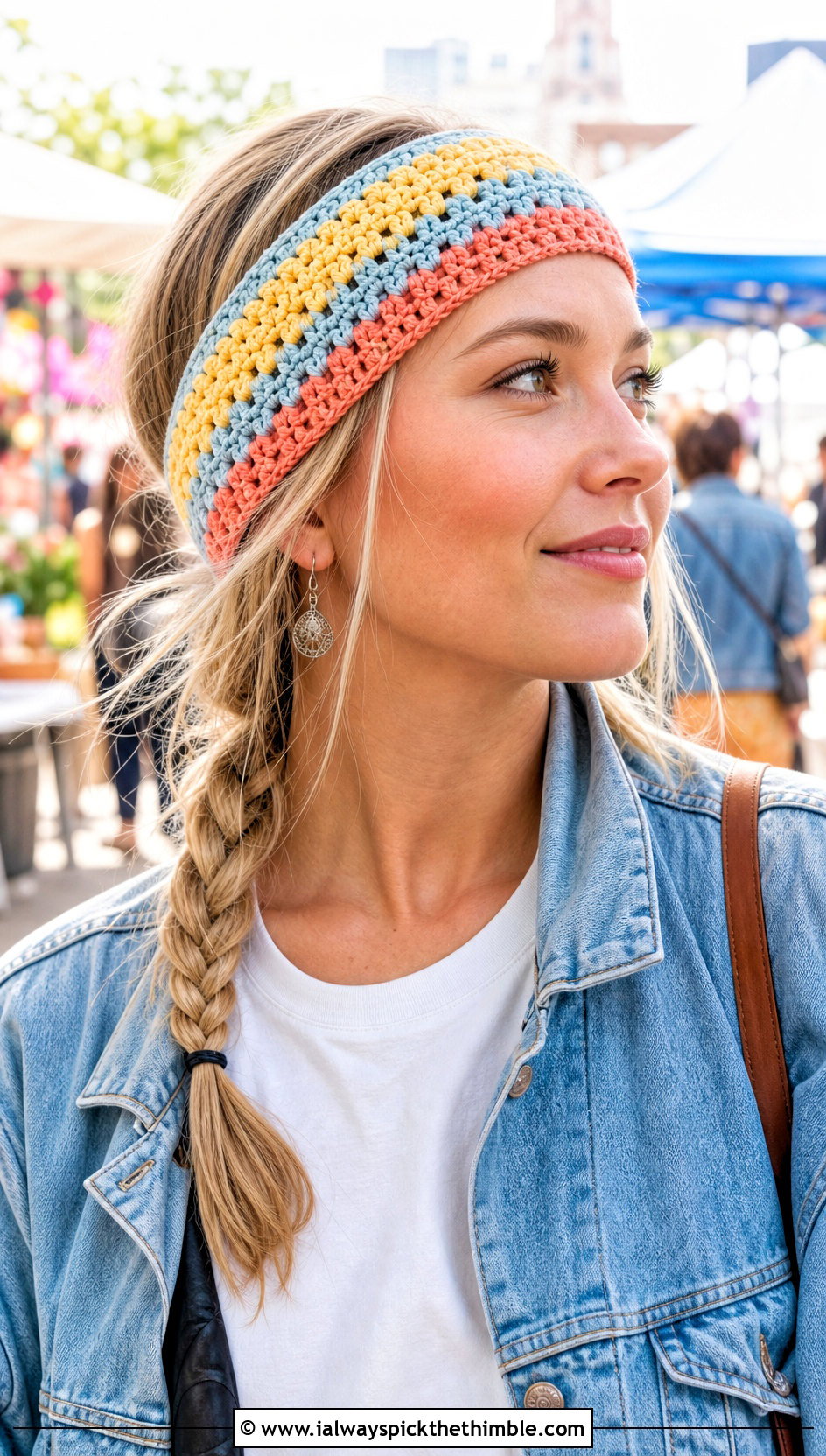 Granny Stripe Headband With Denim Jacket - 20 Easy Crocheted Headbands Ear Warmers outfit ideas