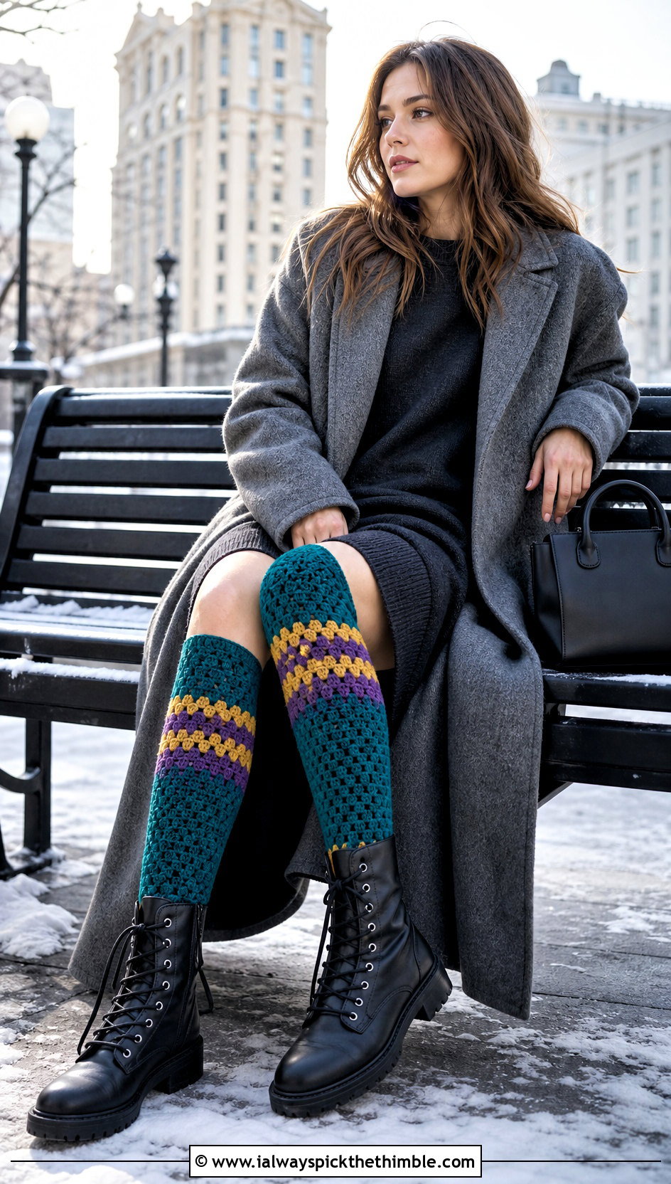 Granny Stripe Knee High Socks With Sweater Dress - 20 Crochet Granny Socks outfit ideas