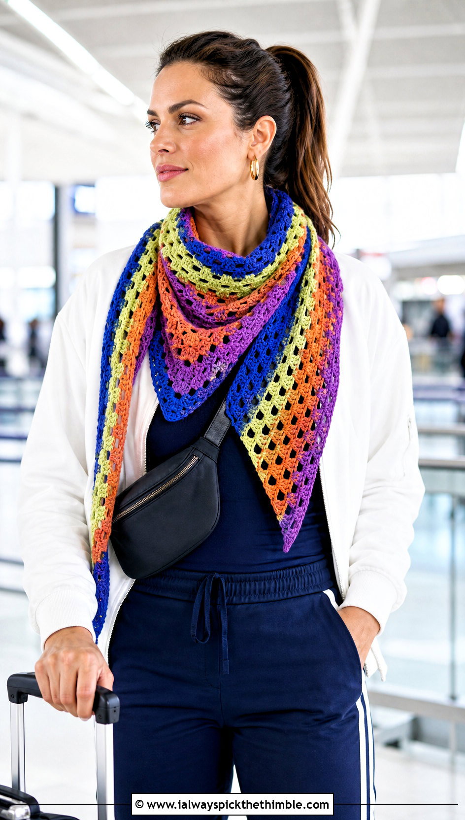 Granny Stripe Lace Triangle Shawl With Track Pants And Sneakers - 20 Crochet Lacy Triangle Shawl outfit ideas