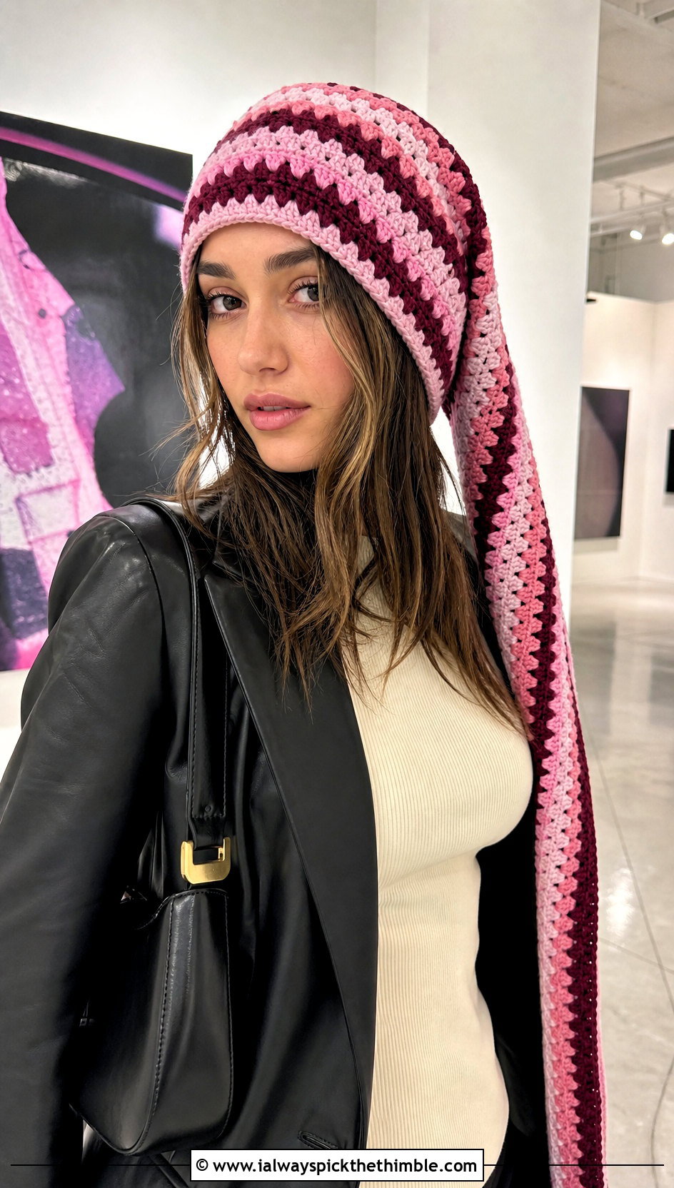 Granny Stripe Long Crochet Hat With Leather Blazer - 20 crochet long hat outfit ideas