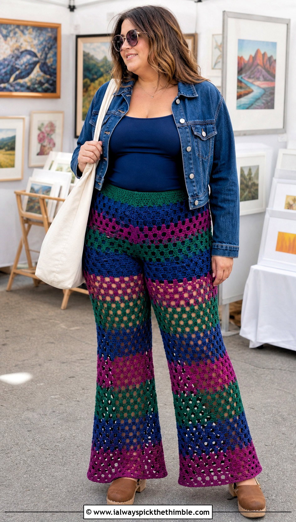 Granny Stripe Mesh Flare Pants With Denim Jacket - 20 Crochet Mesh Flare Pants outfit ideas
