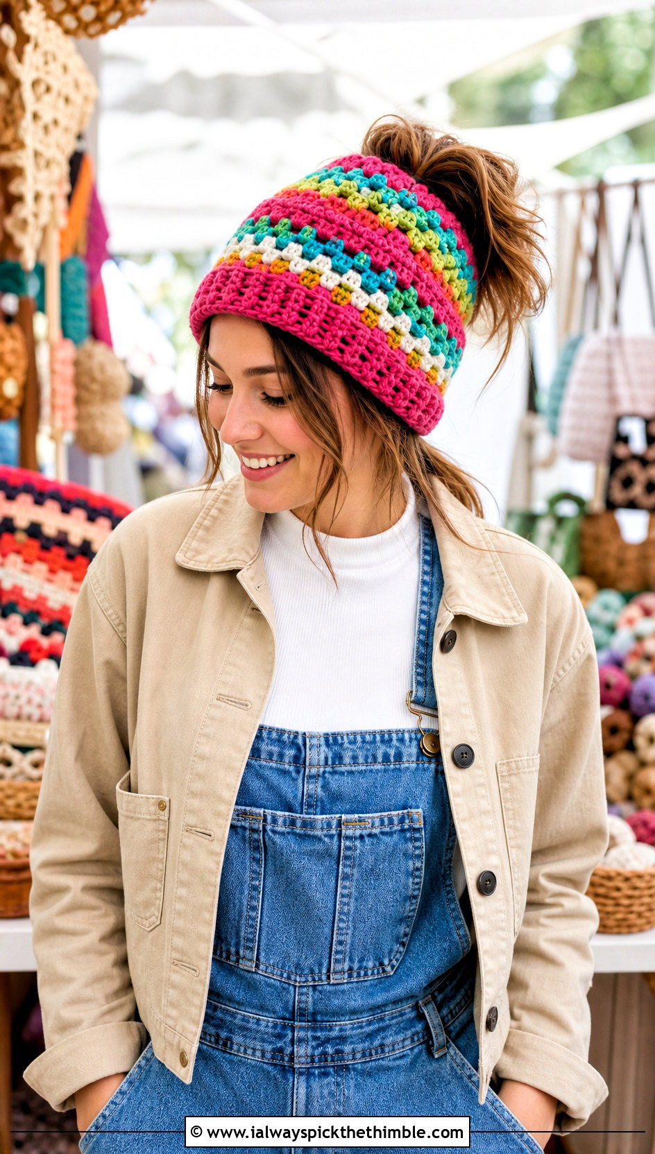 Granny Stripe Messy Bun Crochet Hat With Denim Overalls - 25 crochet messy bun hat outfit ideas