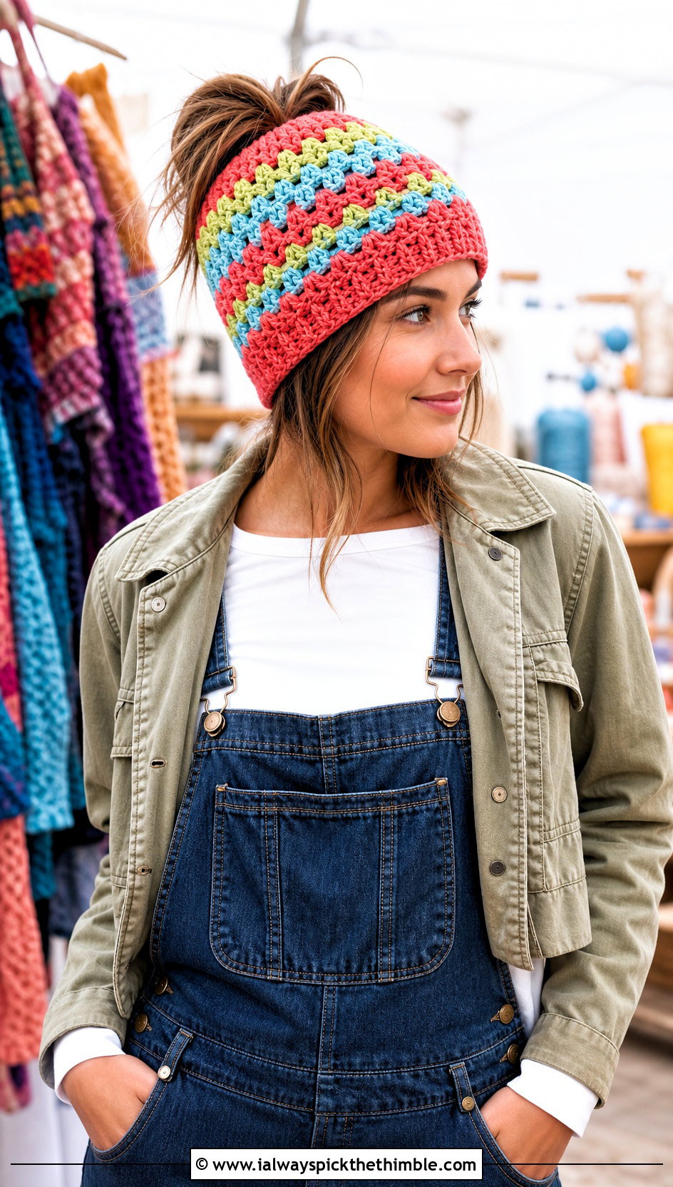 Granny Stripe Messy Bun Crochet Hat With Overalls - 20 Messy Bun Crochet Hat outfit ideas