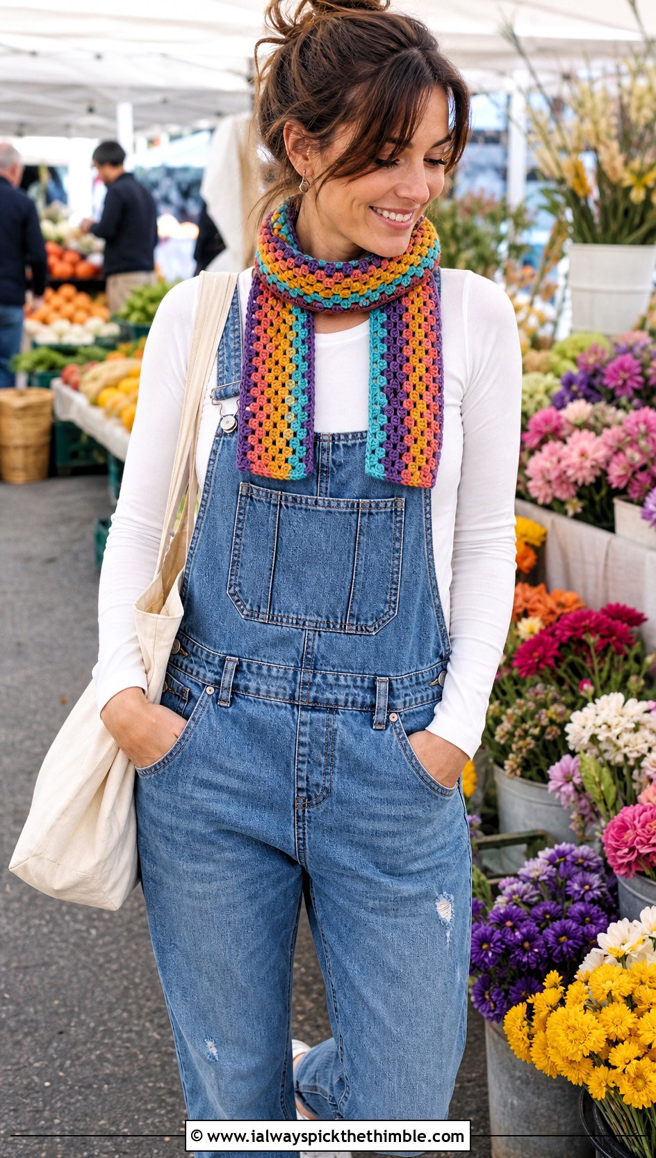 Granny Stripe Mini Crochet Scarf With Overalls - 20 mini crochet scarf outfit ideas