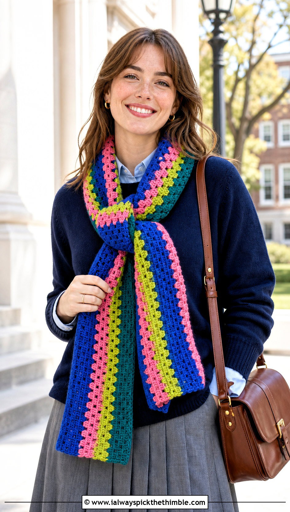 Granny Stripe Mood Scarf With Preppy Outfit - 15 Crochet Mood Scarf outfit ideas