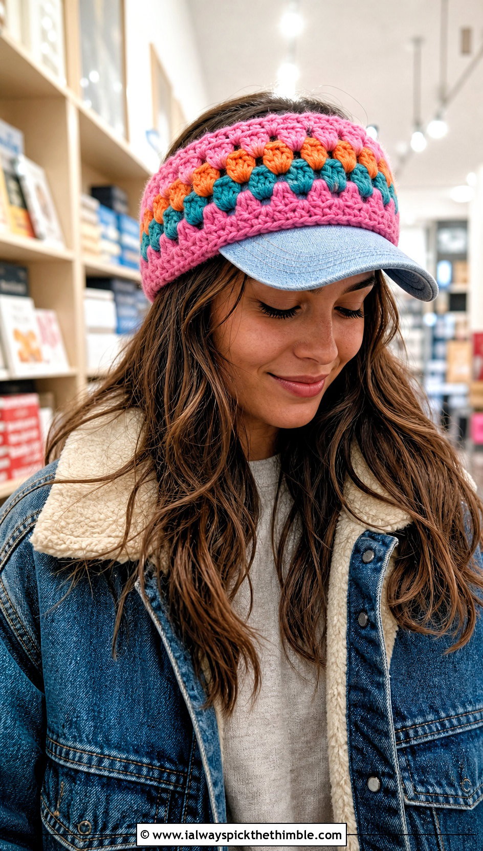 Granny Stripe Over The Cap Ear Warmer With Denim Chore Jacket - 20 Crochet Baseball Hat Ear Warmer outfit ideas