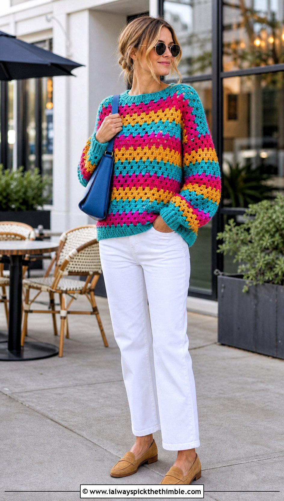Granny Stripe Oversized Crochet Sweater With White Jeans - 25 crochet oversized sweater outfit ideas