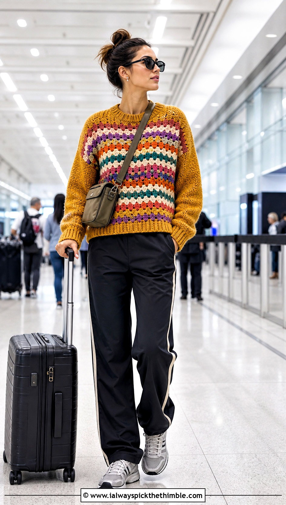 Granny Stripe Panel Sweater With Track Pants - 20 crochet panel sweater outfit ideas