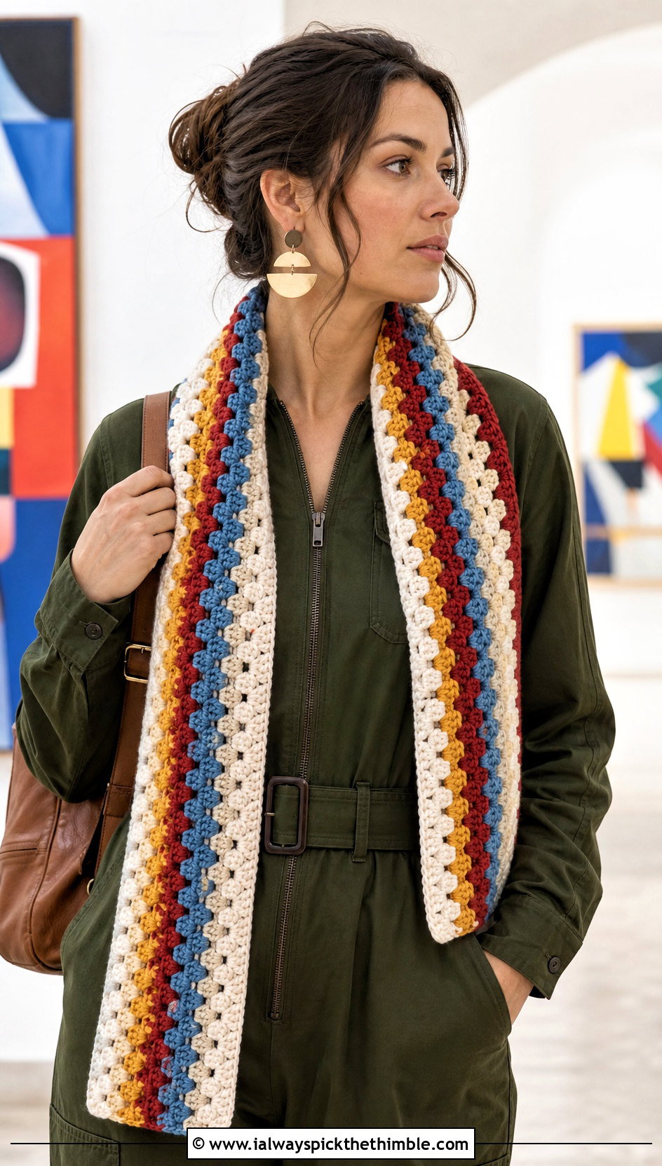 Granny Stripe Pencil Crochet Scarf With Utility Jumpsuit - 20 Pencil Crochet Scarf outfit ideas
