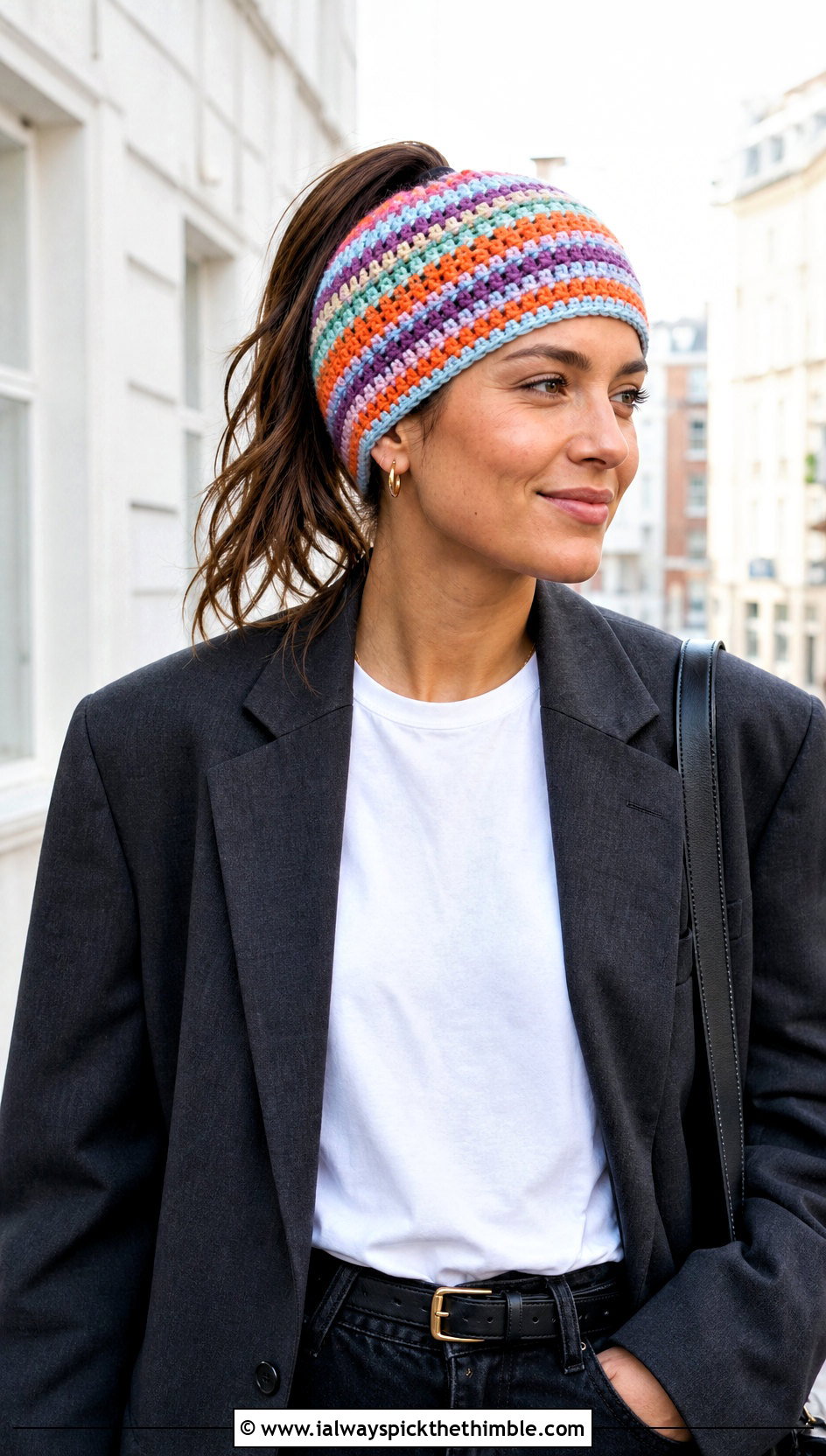 Granny Stripe Ponytail Crochet Beanie With Blazer And Jeans - 20 crochet beanie with ponytail hole outfit ideas
