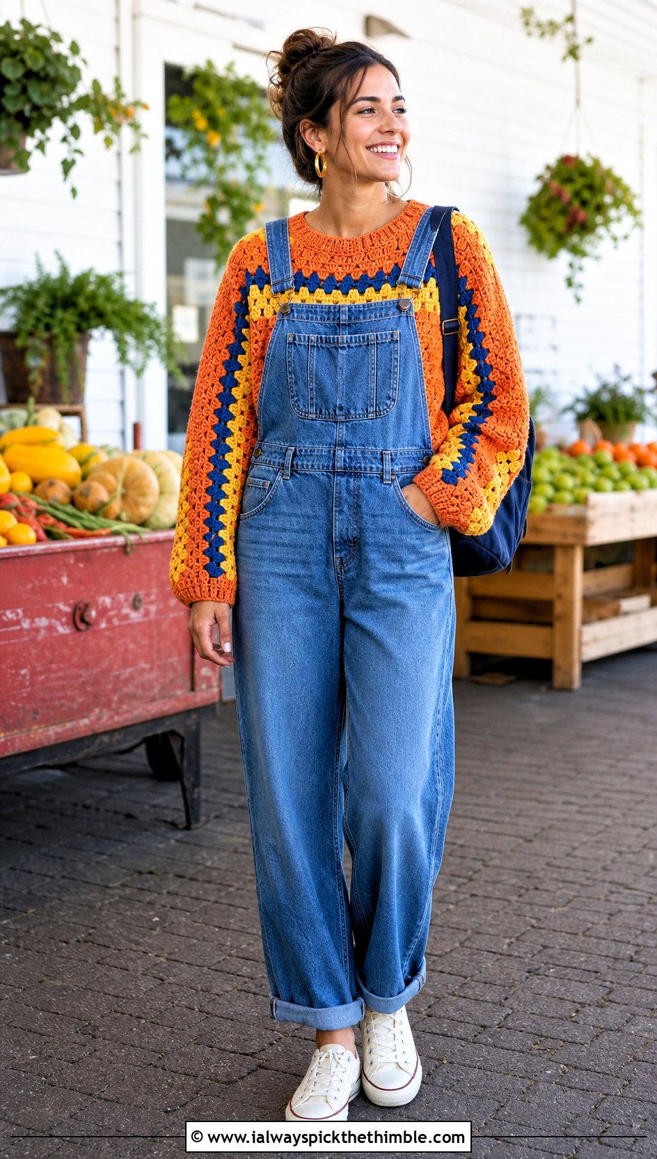 Granny Stripe Princess Bubblegum Sweater With Denim Overalls - 15 Crochet Princess Bubblegum Sweater outfit ideas