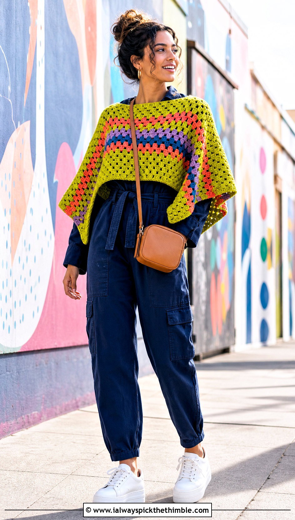 Granny Stripe Rectangle Crochet Poncho With Utility Jumpsuit - 15 Easy Crochet Poncho From A Rectangle outfit ideas