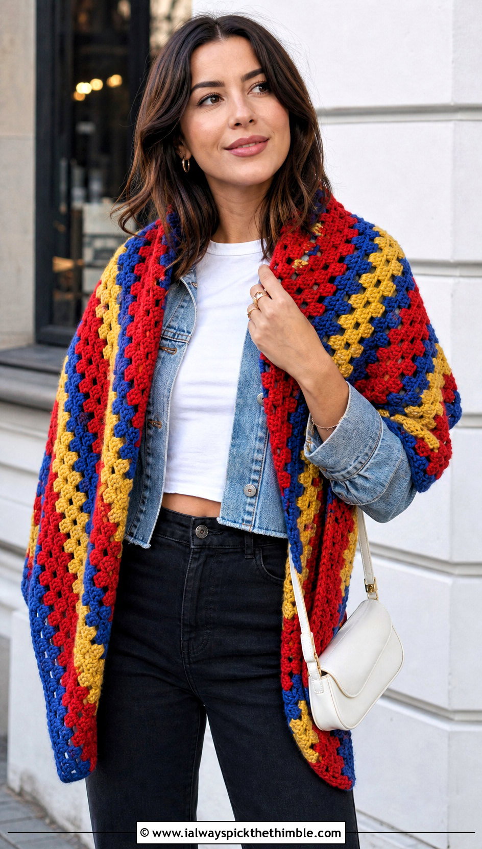 Granny Stripe Rectangle Crochet Shawl With Denim Jacket - 20 Rectangle Crochet Shawls outfit ideas