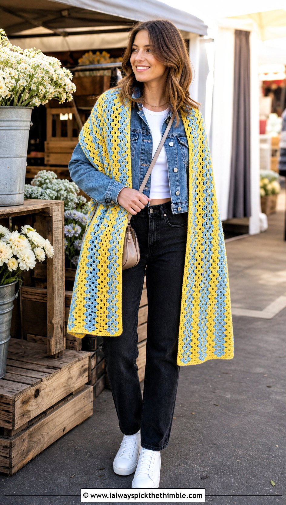 Granny Stripe Rectangle Crochet Shawl With Denim Jacket - 25 Crochet Rectangle Shawl outfit ideas