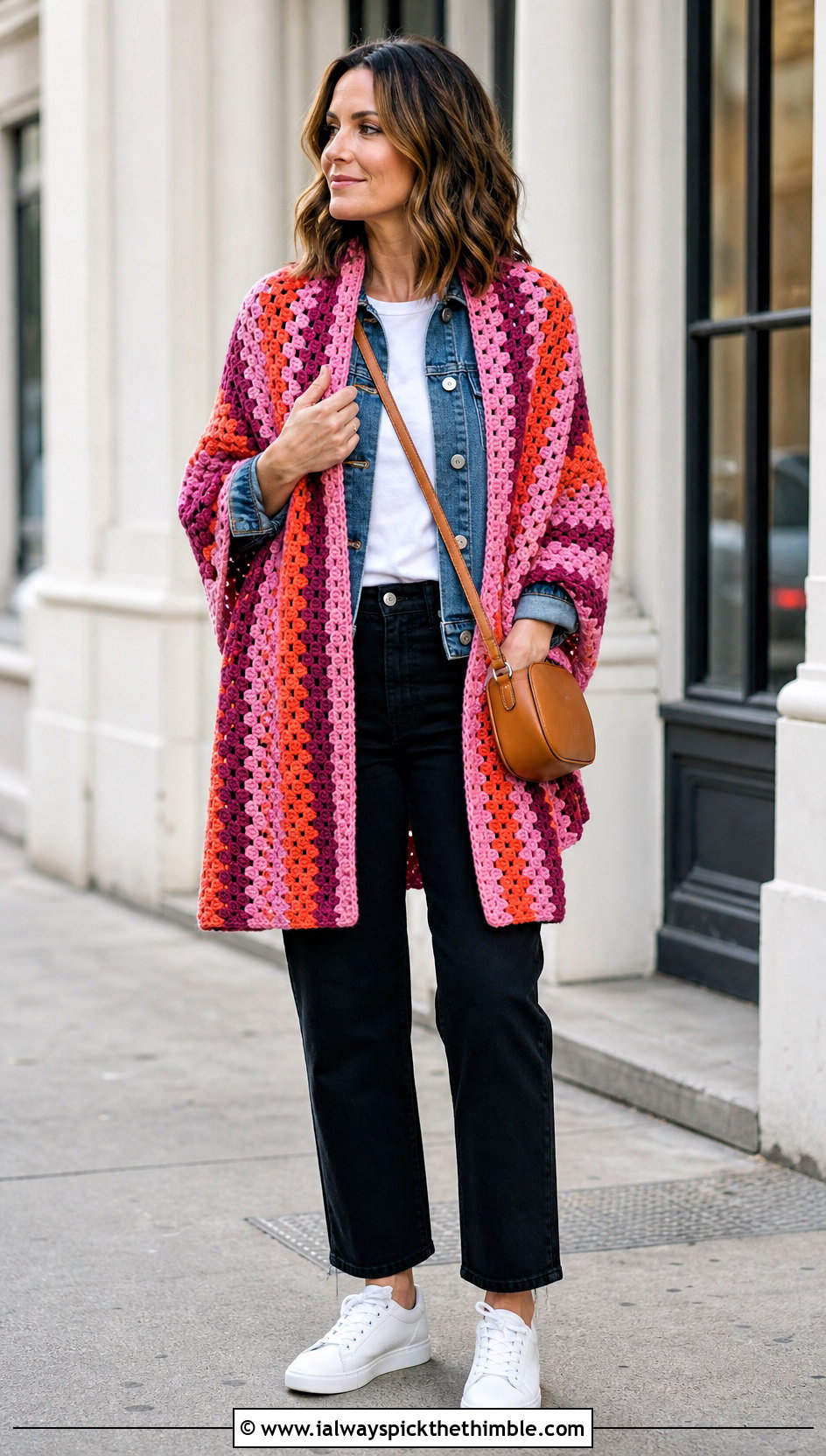 Granny Stripe Rectangle Crochet Shawl With Denim Jacket - 20 Easy Crochet Rectangle Shawl outfit ideas