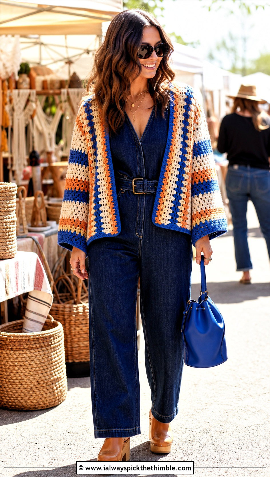 Granny Stripe Rectangle Crochet Shrug With Denim Jumpsuit - 20 Rectangle Crochet Shrug outfit ideas