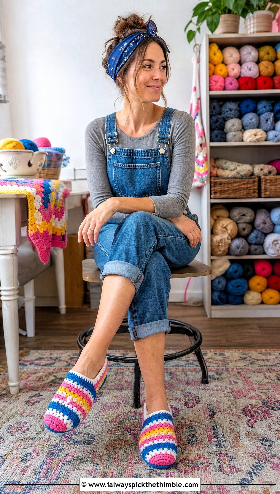 Granny Stripe Rectangle Crochet Slippers With Overalls - 20 Easy Crochet Slippers From A Rectangle outfit ideas