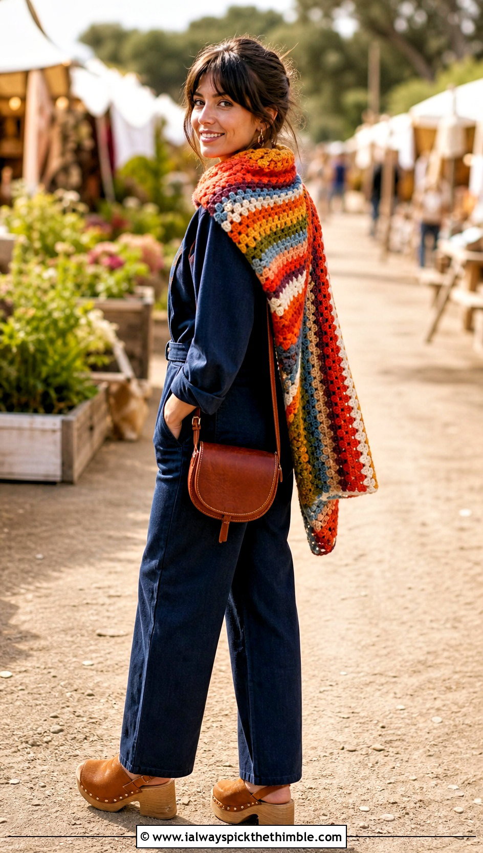 Granny Stripe Rectangle Crochet Wrap With Denim Jumpsuit - 20 Rectangle Crochet Wrap outfit ideas