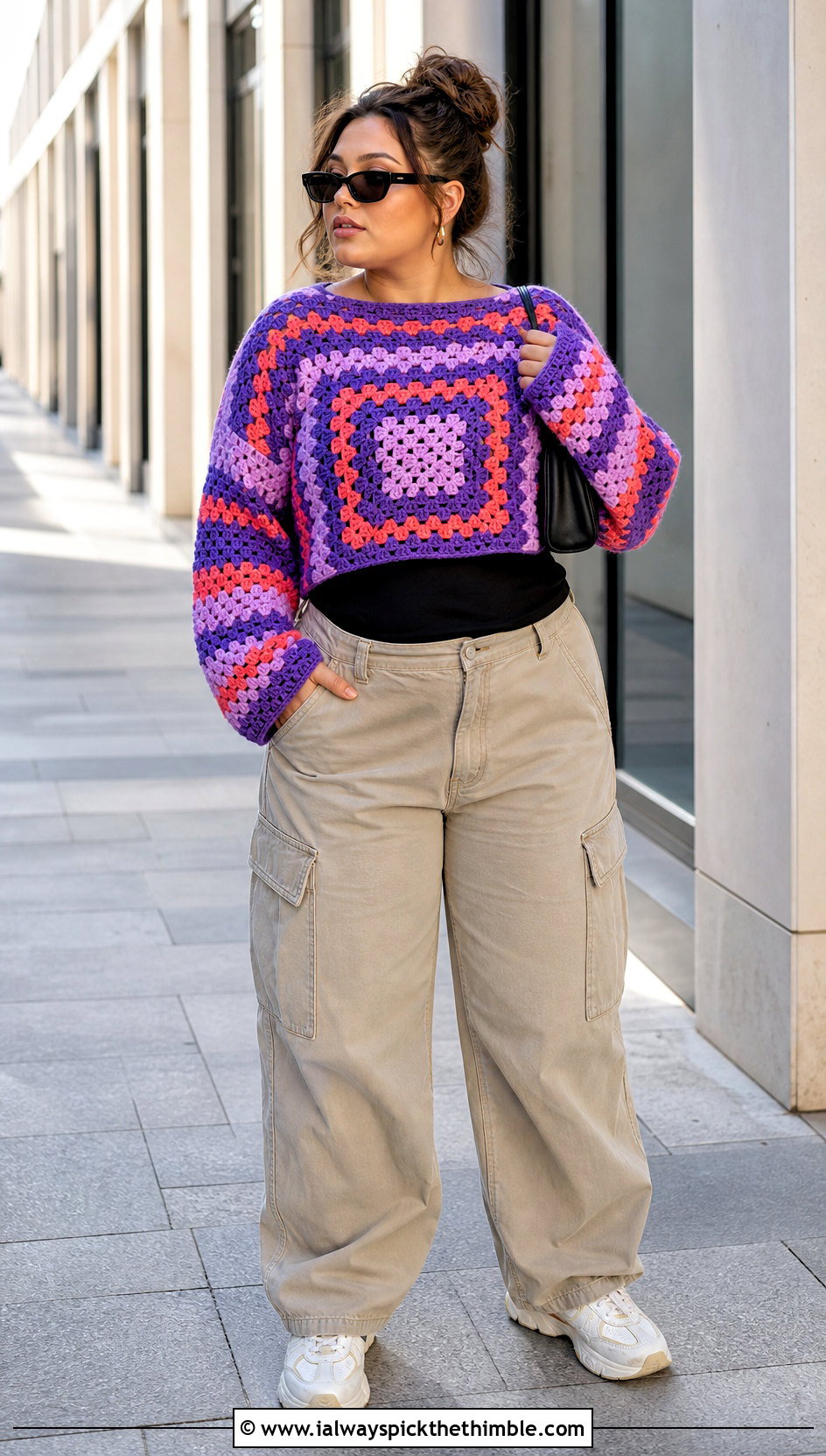 Granny Stripe Rectangle Sweater With Cargo Pants - 15 Crochet Sweater From Rectangle outfit ideas