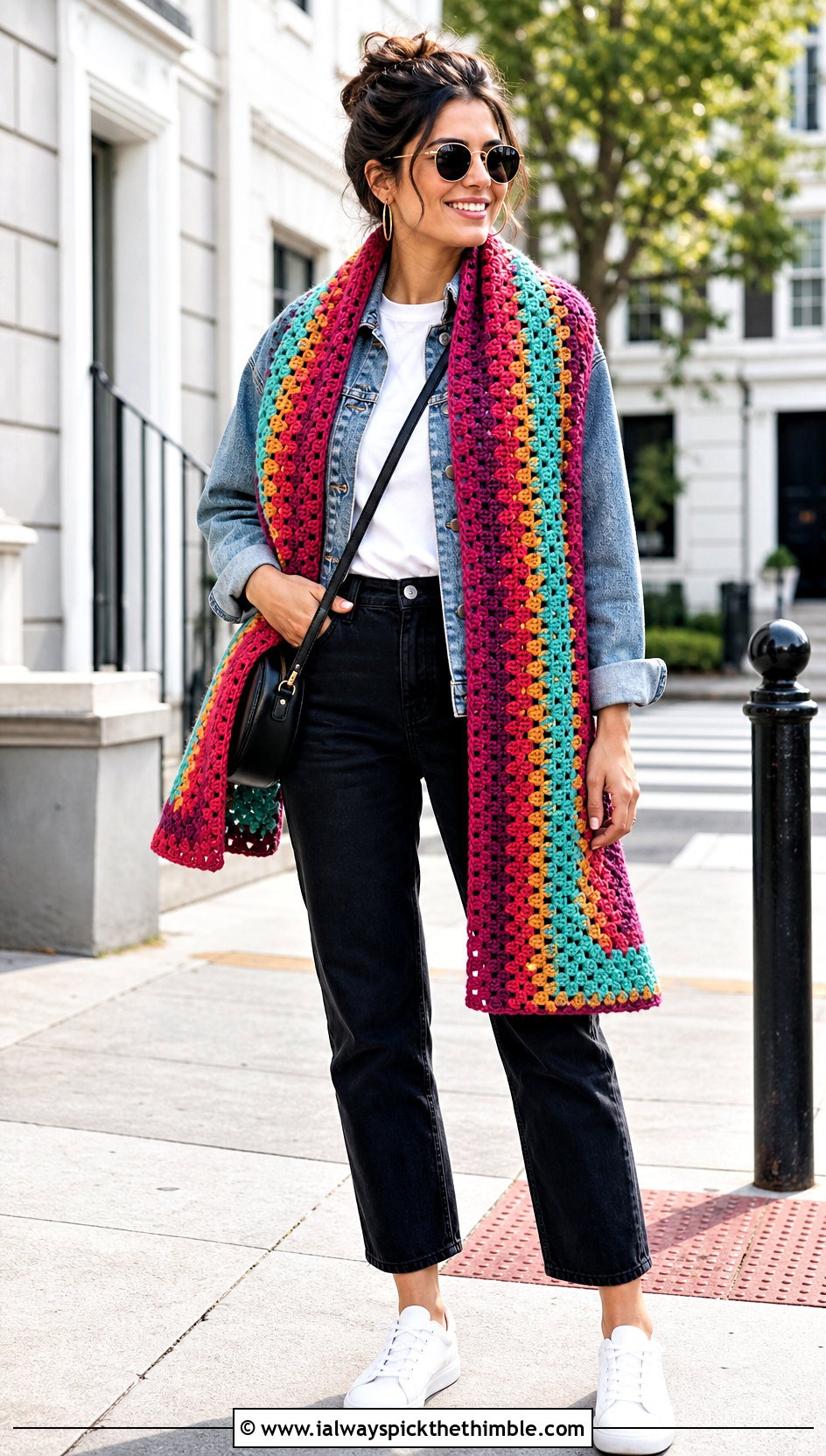 Granny Stripe Rectangular Crochet Shawl With Denim Jacket - 20 rectangular crochet shawls outfit ideas