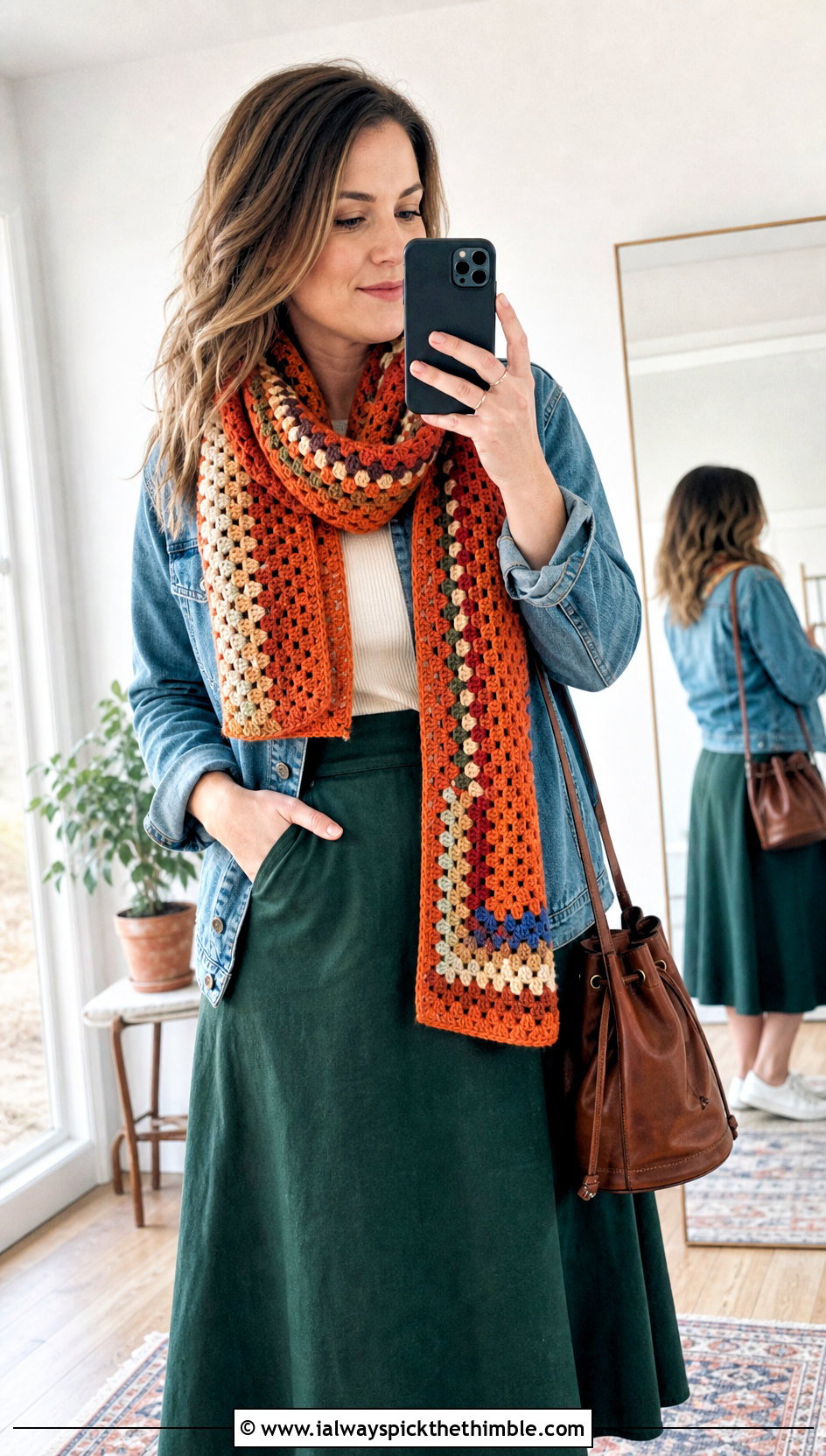 Granny Stripe Roll Up Scarf With Denim Jacket And Midi Skirt - 20 Crochet Roll Up Scarf outfit ideas