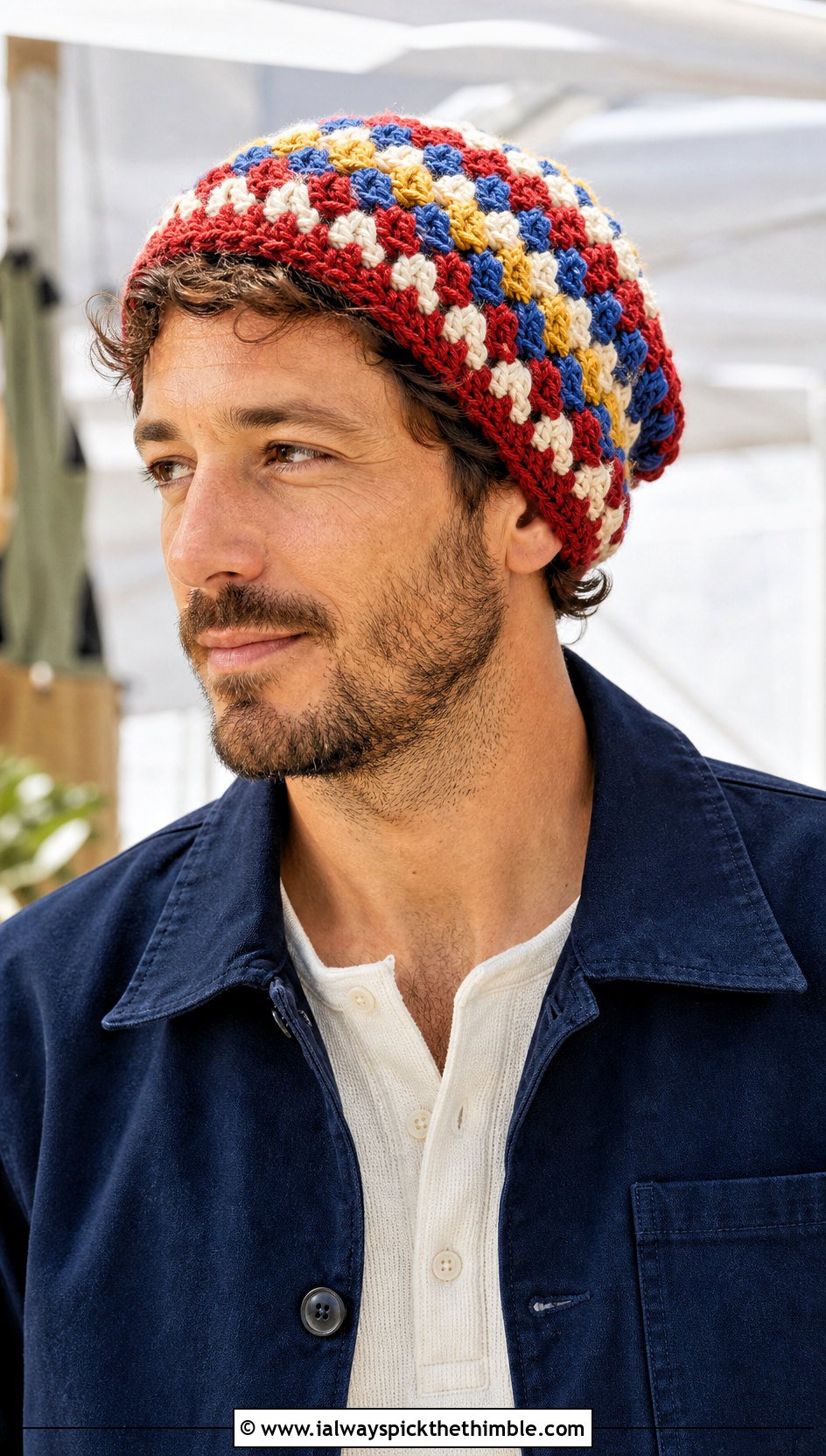 Granny Stripe Slouch Crochet Beanie With Chore Jacket - 20 Mens Slouch Crochet Beanie outfit ideas