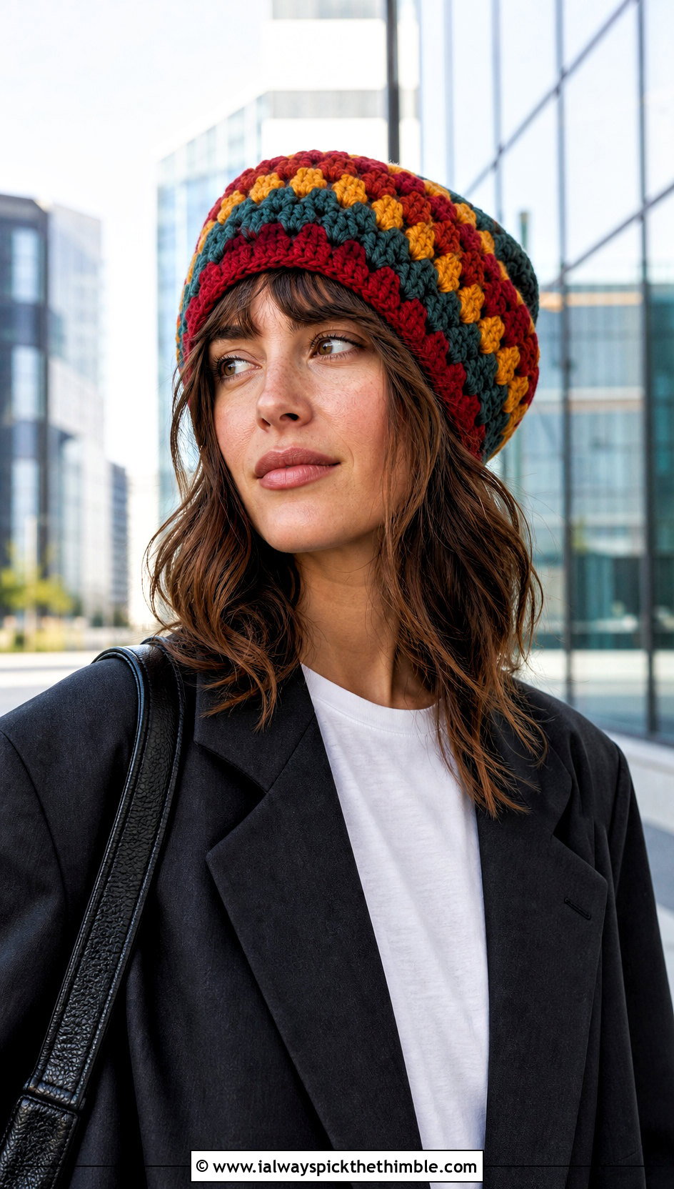 Granny Stripe Slouchy Crochet Beanie With Oversized Blazer - 20 Easy Slouchy Crochet Beanie outfit ideas