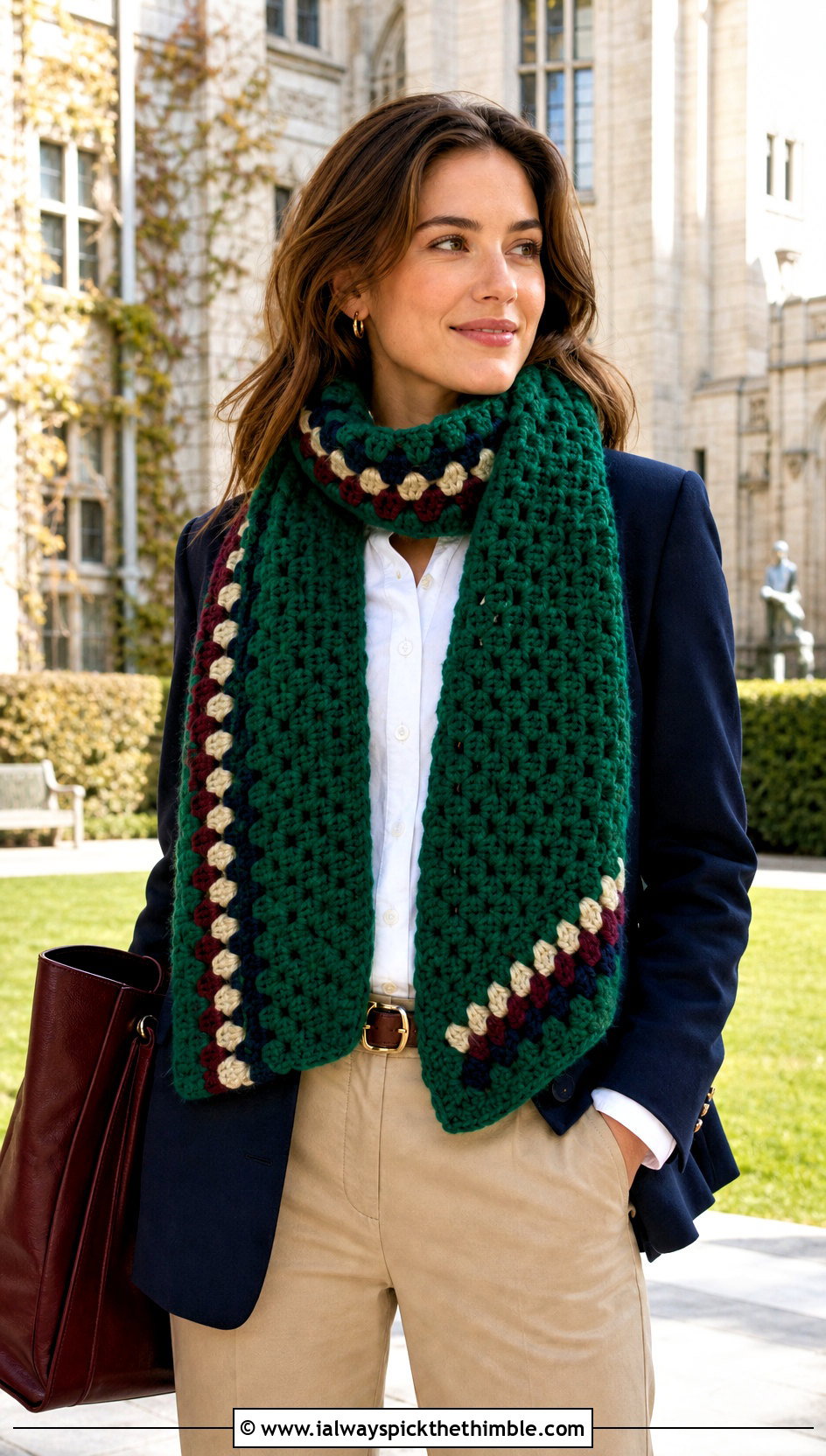 Granny Stripe Super Chunky Crochet Scarf With Preppy Blazer - 20 Super Chunky Crochet Scarf outfit ideas