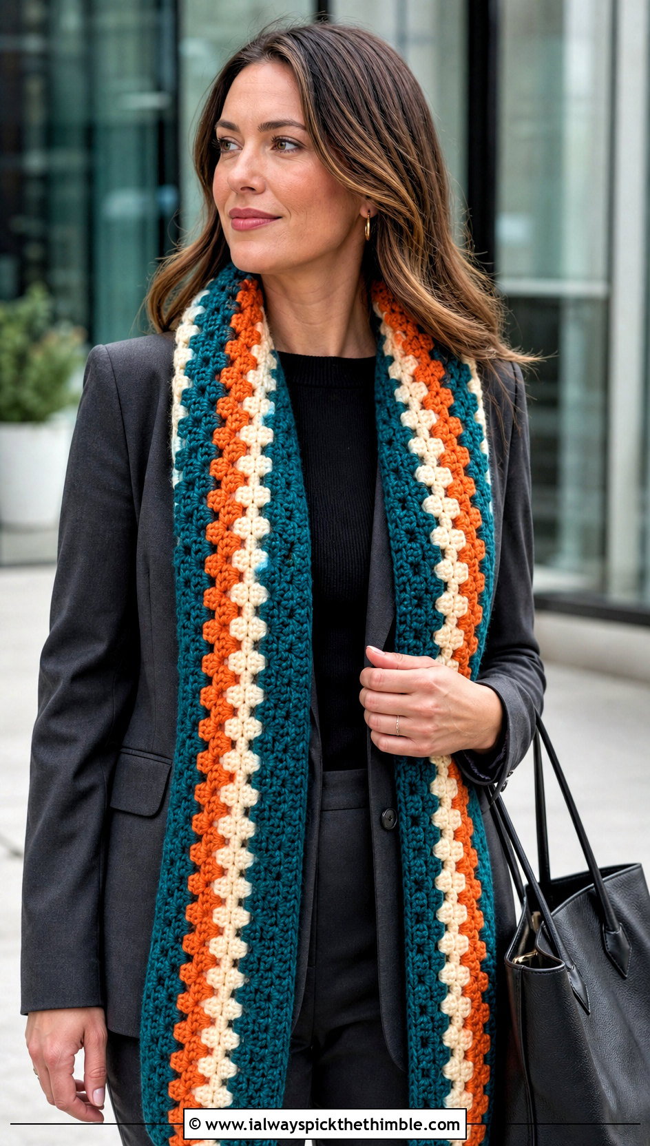 Granny Stripe Temperature Scarf With Pantsuit - 20 crochet temperature scarf outfit ideas