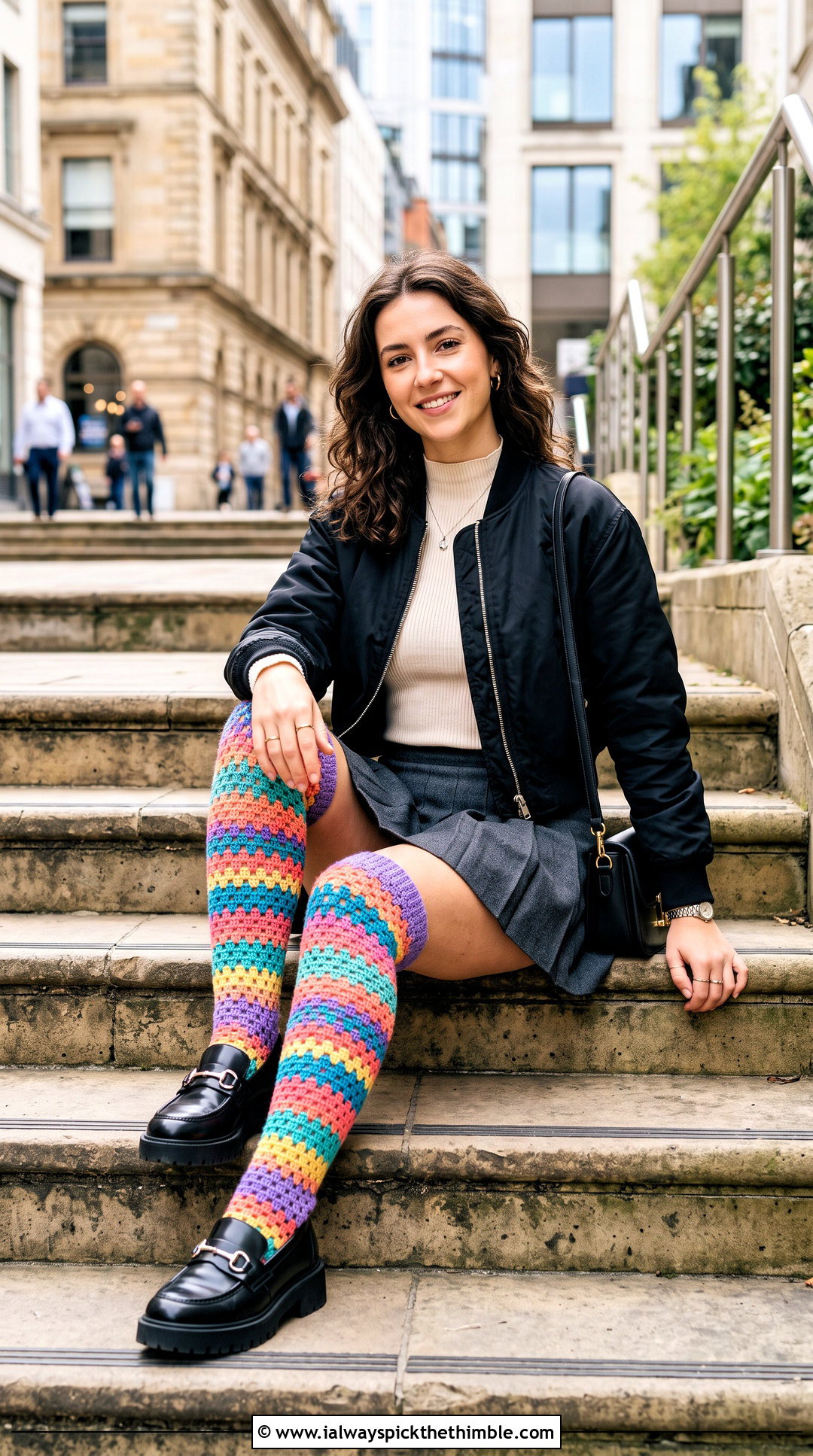 Granny Stripe Thigh High Crochet Socks With Pleated Mini Skirt - 25 thigh high crochet socks outfit ideas