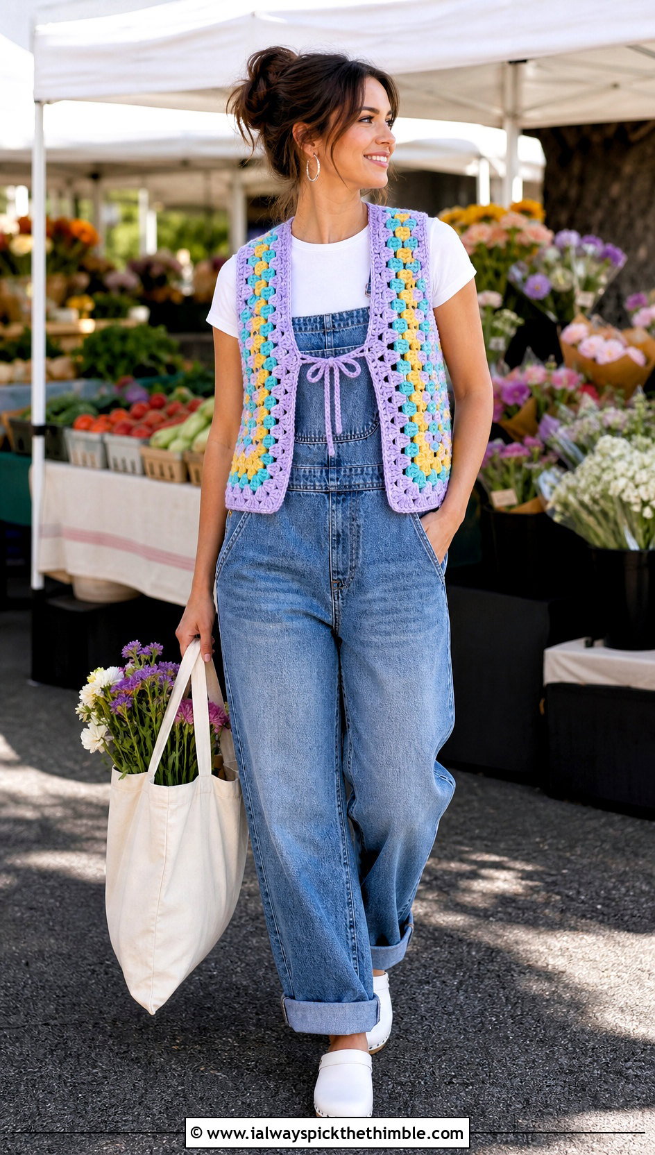 Granny Stripe Tie Crochet Vest With Overalls - 25 crochet tie vest outfit ideas