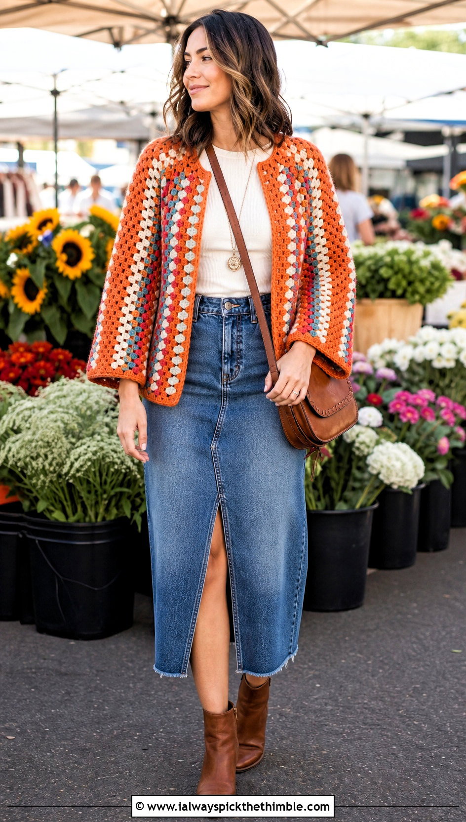 Granny Stripe Top Down Crochet Raglan Cardigan With Denim Midi Skirt - 20 top down crochet raglan cardigan outfit ideas