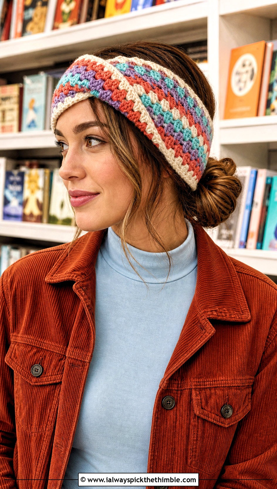 Granny Stripe Twist Ear Warmer With Corduroy Outfit - 20 Crochet Twist Ear Warmer outfit ideas