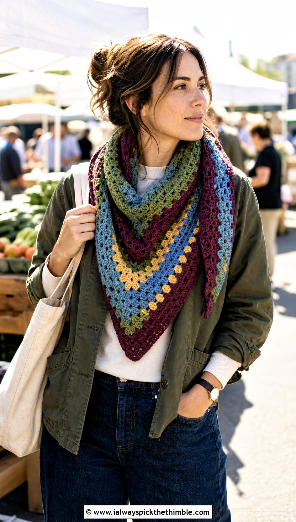 Granny Stripe Virus Shawl With Chore Jacket - 15 crochet virus shawls outfit ideas