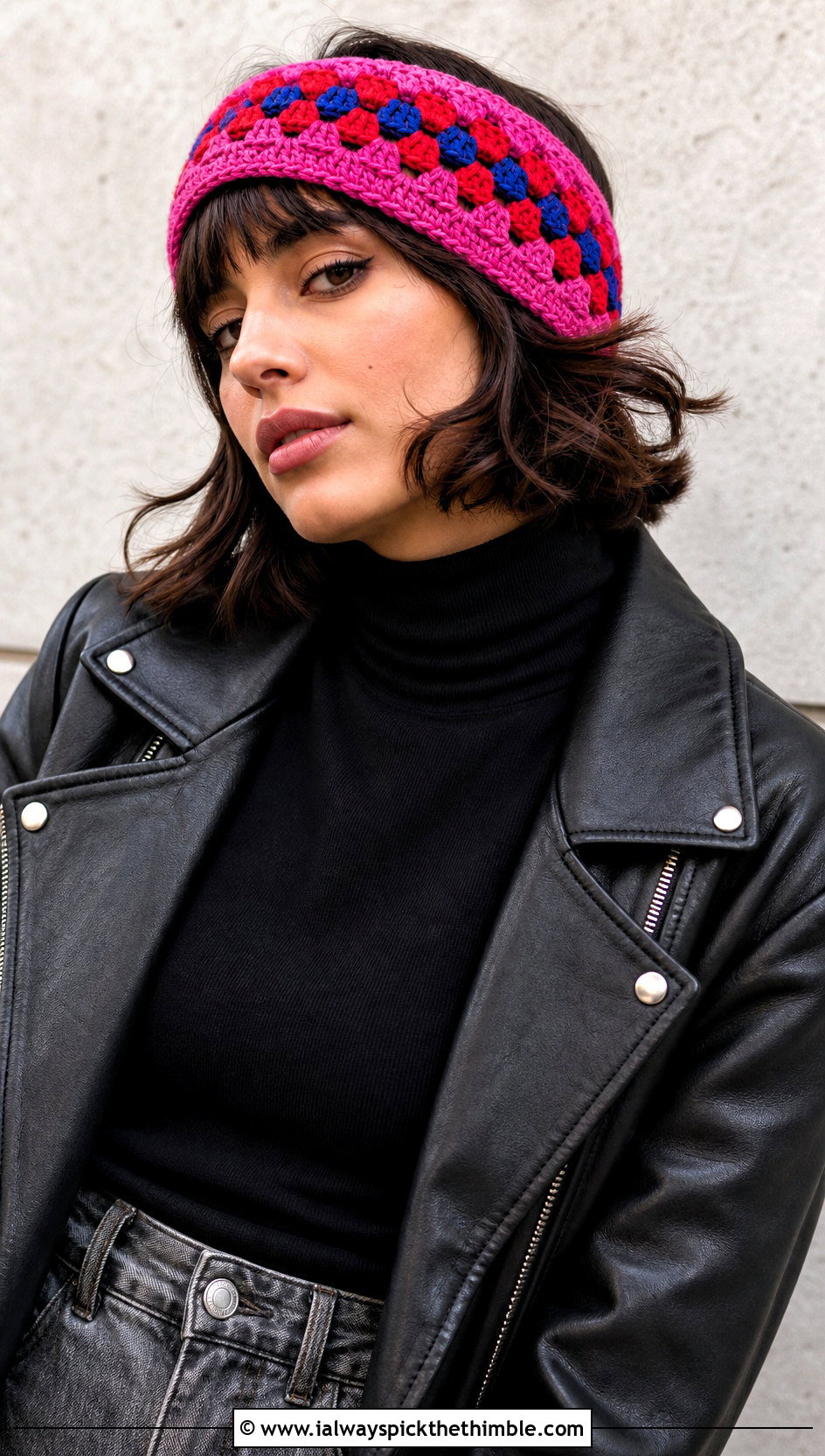 Granny Stripe Wide Crochet Ear Warmer With Leather Jacket - 15 Wide Crochet Ear Warmer outfit ideas