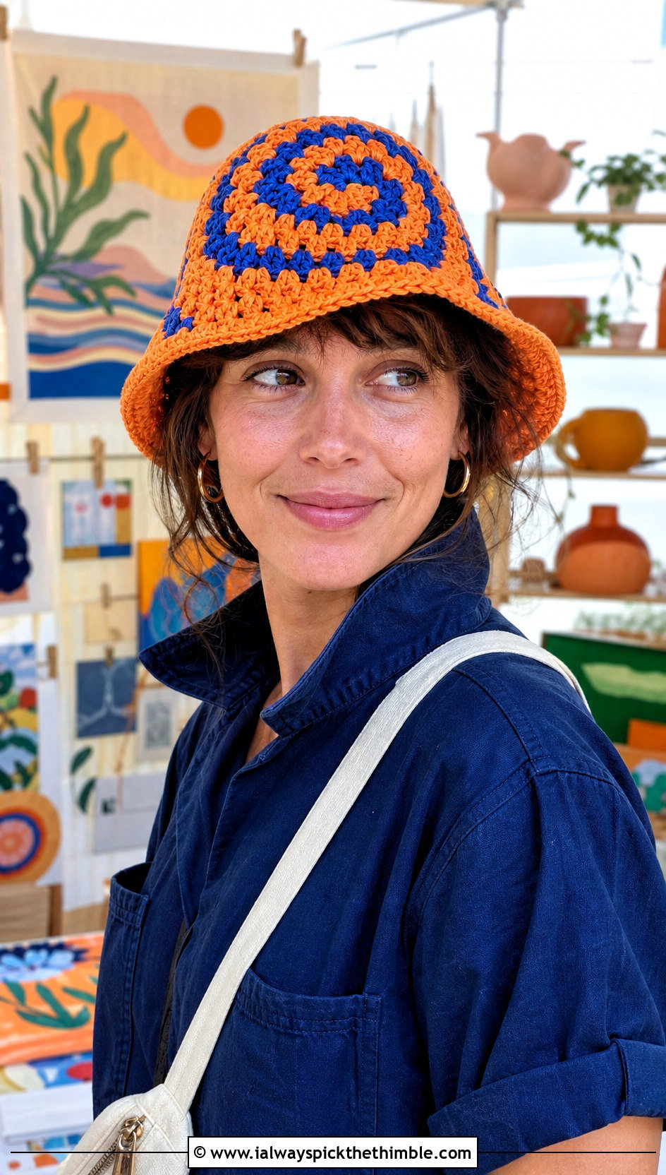Granny Swirl Bucket Hat With Utility Jumpsuit - 15 crochet vintage swirl hat outfit ideas