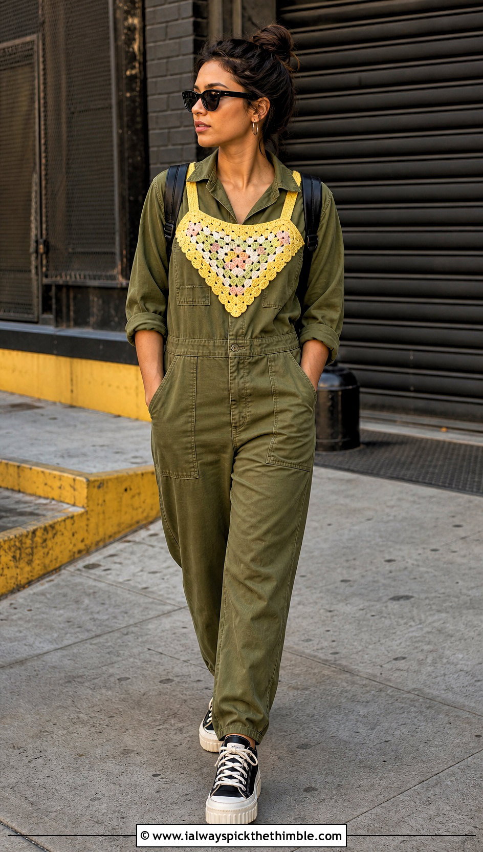 Granny Triangle Bib Top With Utility Jumpsuit - 20 crochet granny triangle top outfit ideas