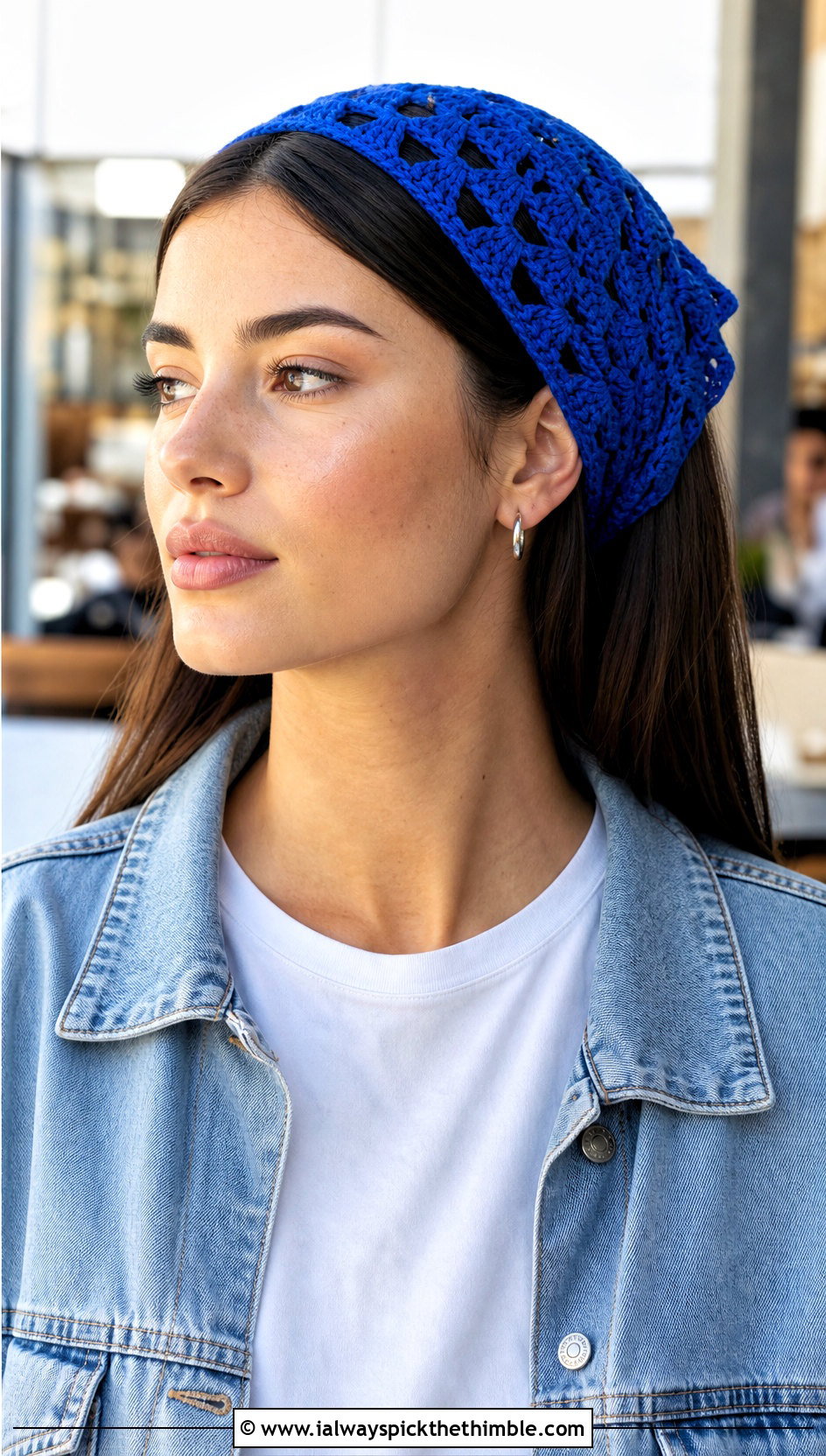 Granny Triangle Crochet Head Scarf With White Tee And Jeans - 25 crochet head scarf outfit ideas