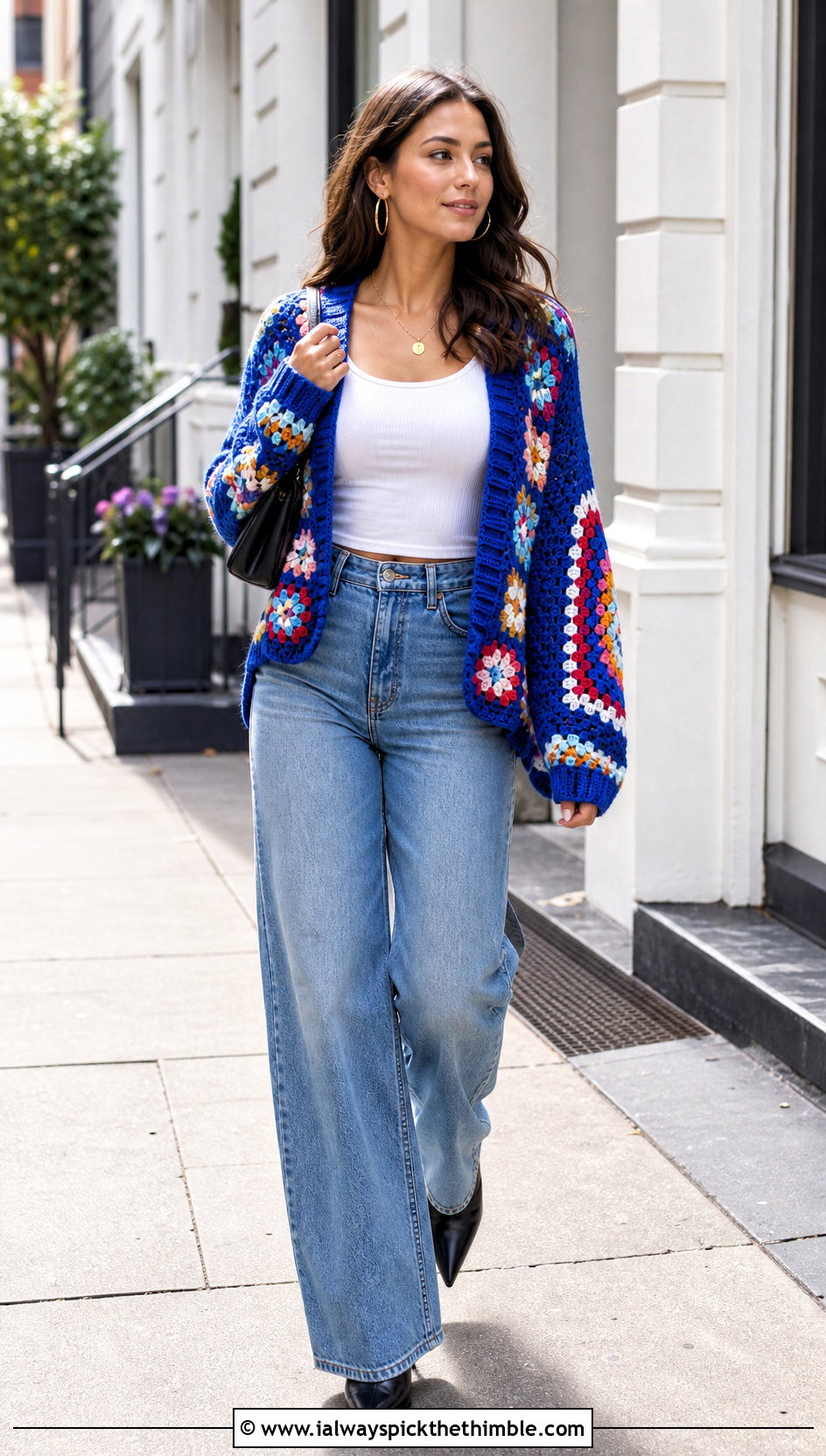 Granny Triangle Crochet Sweater With Wide Leg Jeans - 15 triangle crochet sweater outfit ideas