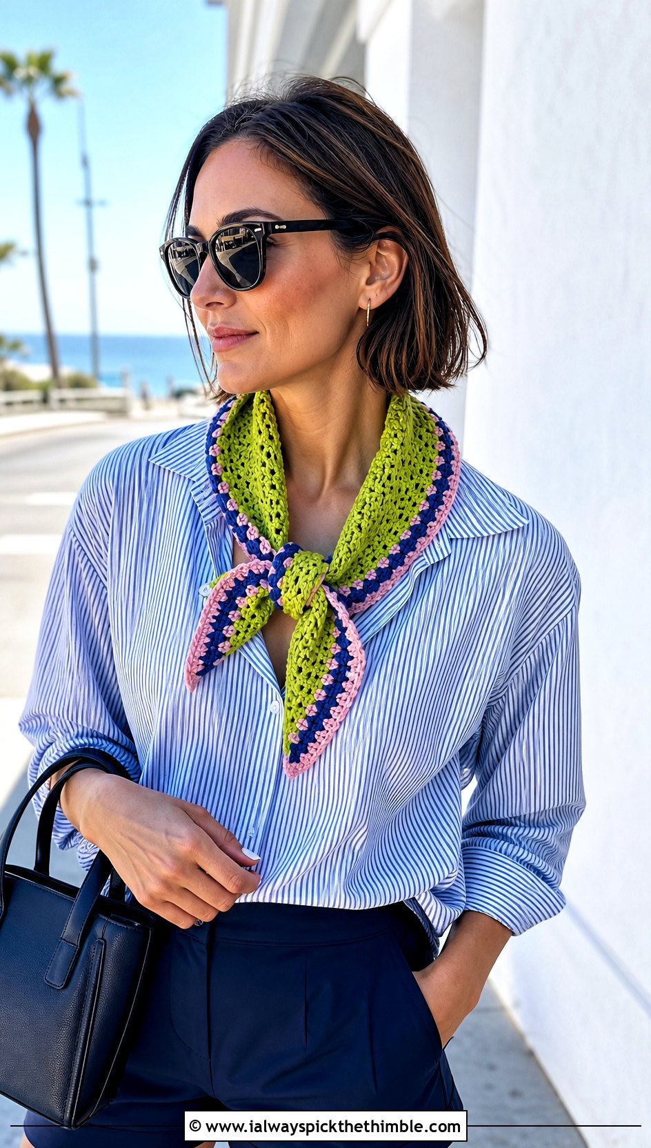 Granny Triangle Neckerchief With Striped Shirt And Shorts - 25 granny crochet scarf outfit ideas