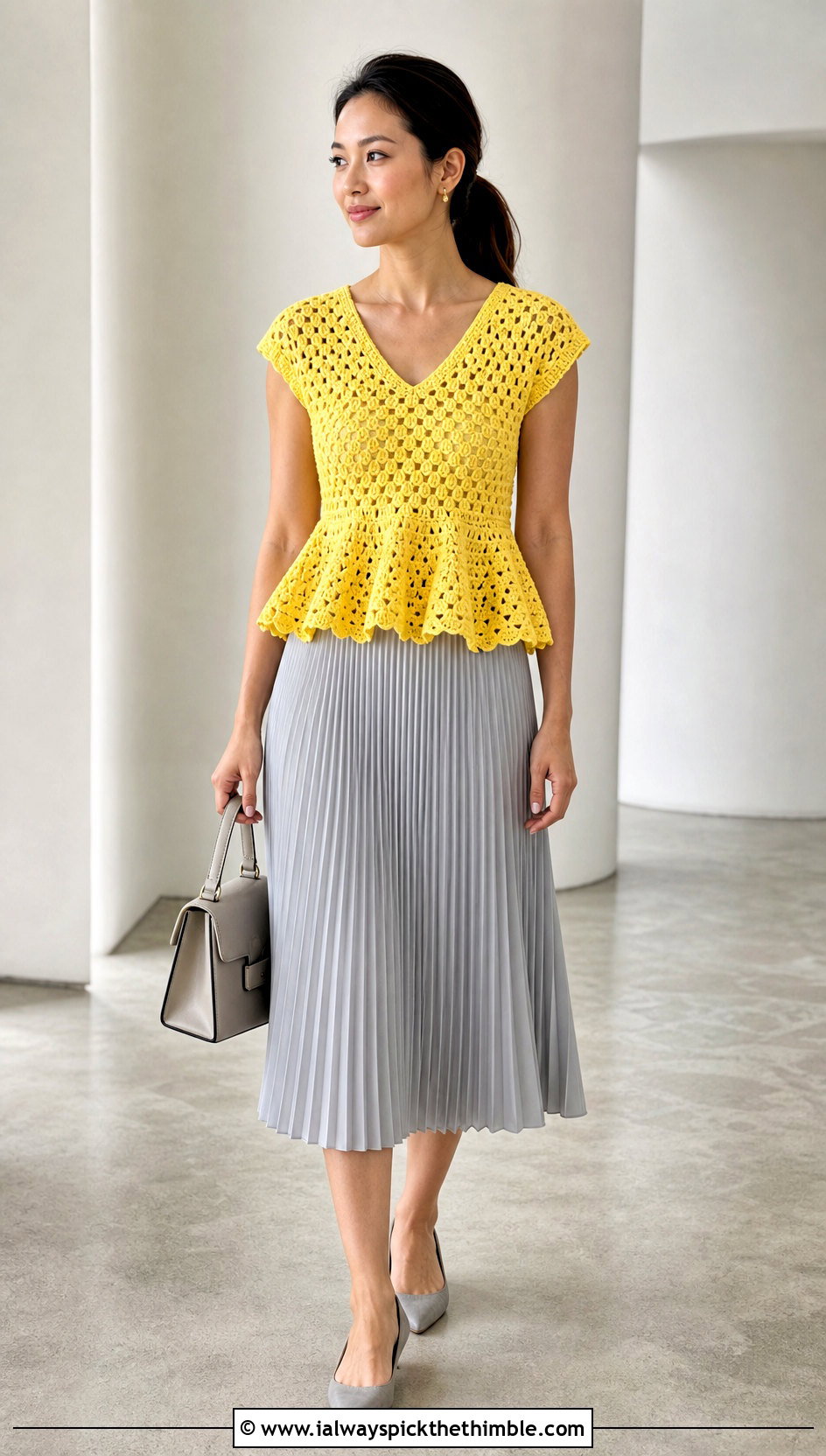 Granny Triangle Peplum Top With Pleated Midi Skirt - 20 crochet granny triangle top outfit ideas
