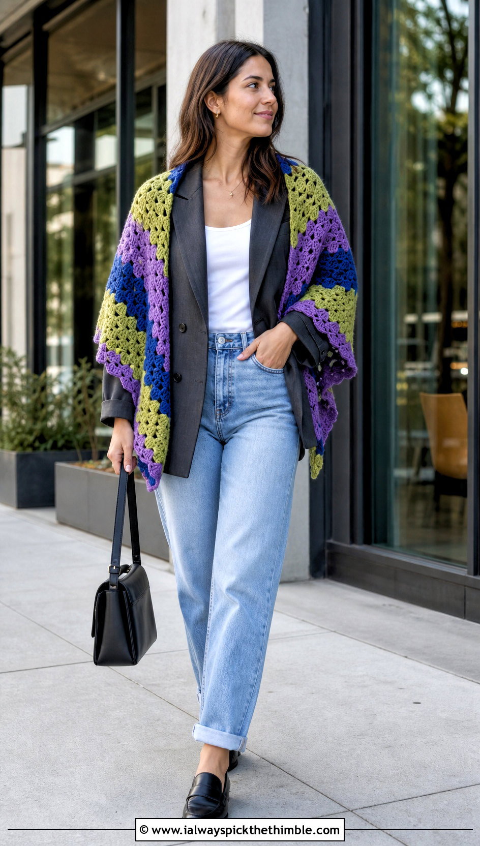 Granny V Stitch Crochet Shawl With Blazer And Mom Jeans - 20 V Stitch Crochet Shawl outfit ideas
