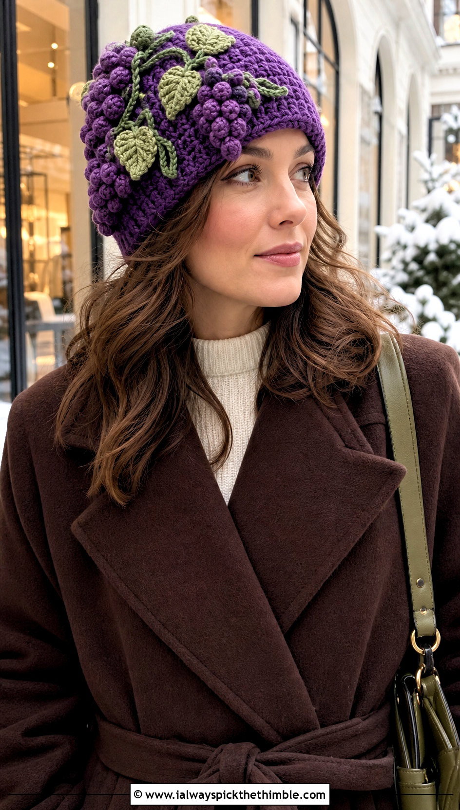 Grape Crochet Beanie With Sweater Dress - 20 crochet fruit beanie outfit ideas