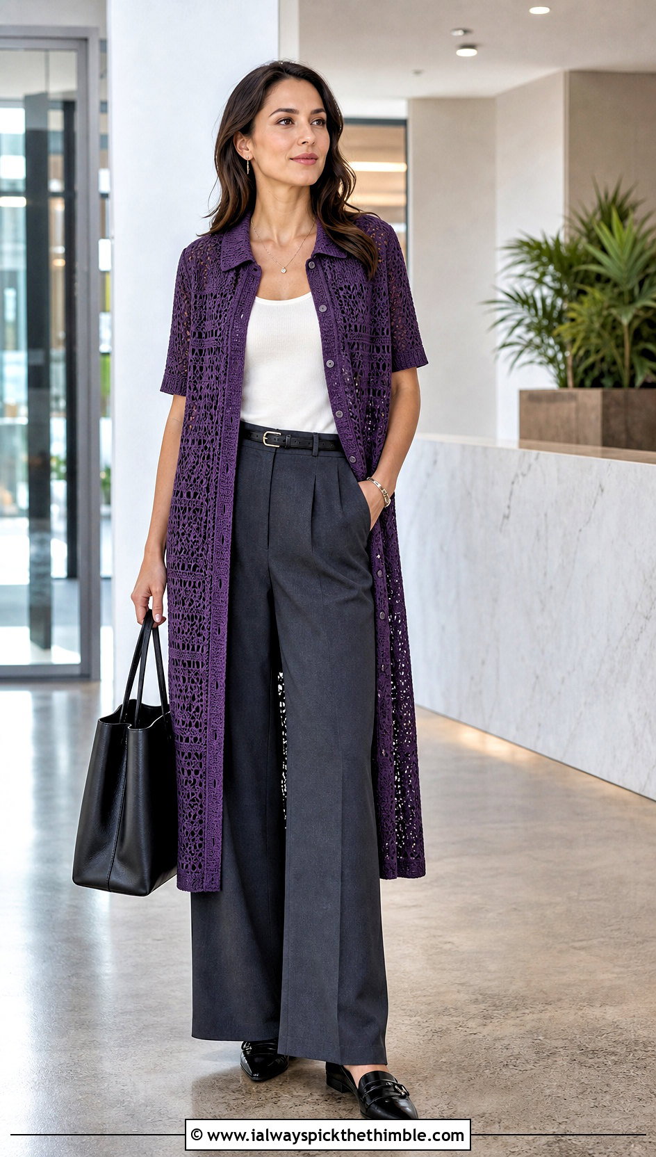 Grape Crochet Shirt Dress With Wide Leg Trousers - 25 purple crochet dress outfit ideas