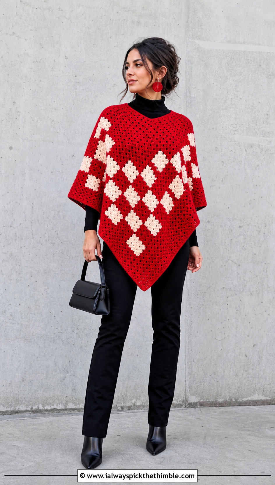Graphic C2C Poncho With Black Column Outfit - 15 Crochet C2C Poncho outfit ideas