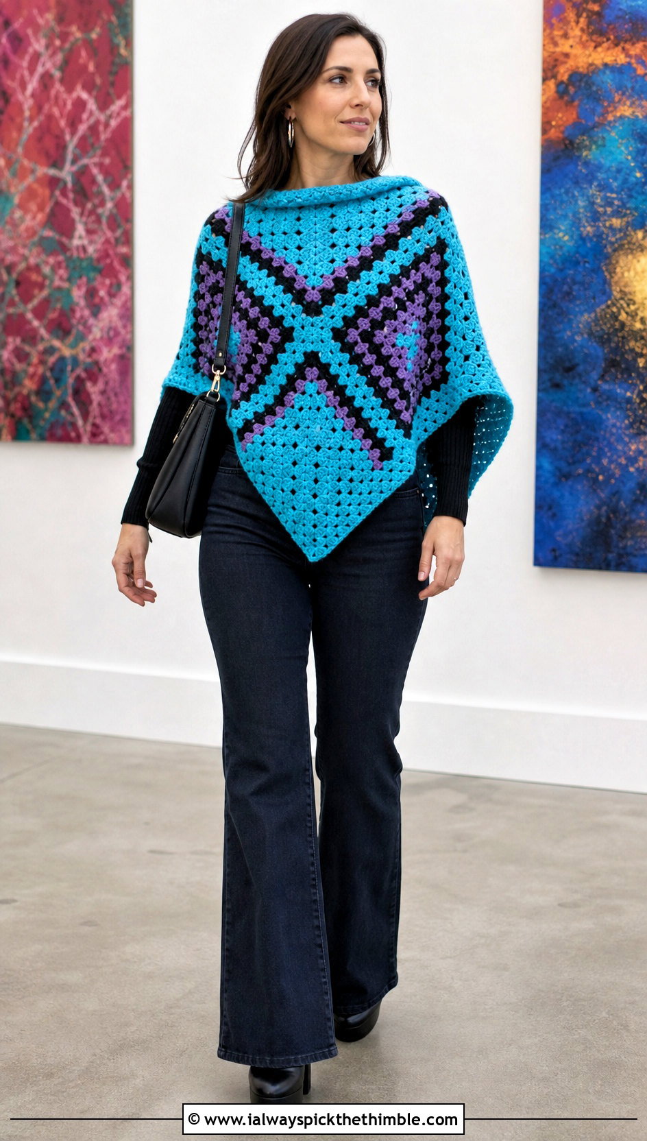 Graphic Corner To Corner Crochet Poncho With Flared Jeans - 15 Corner To Corner Crochet Poncho outfit ideas