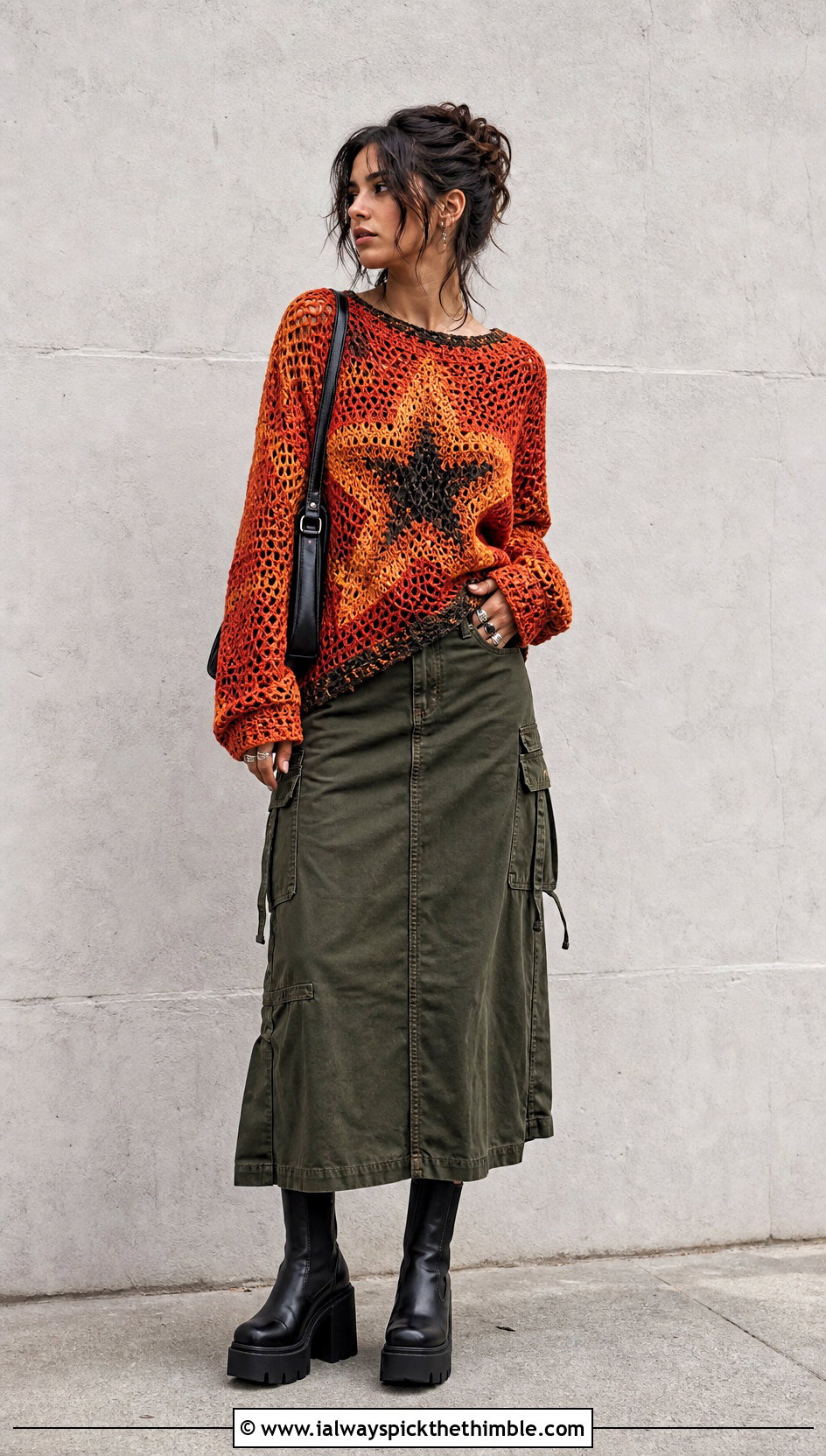 Graphic Crochet Grunge Sweater With Utility Midi Skirt - 20 crochet grunge sweater outfit ideas